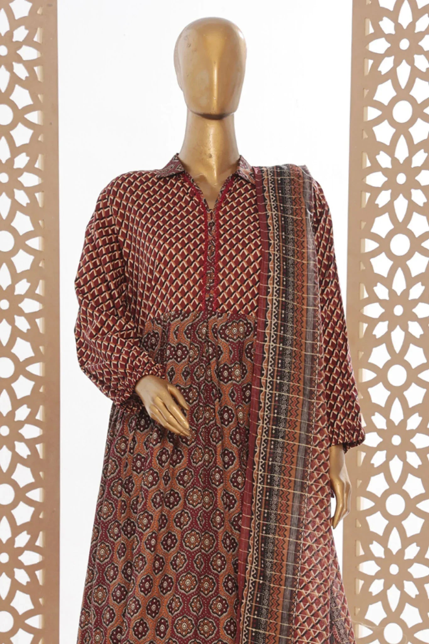 Bin Saeed Stitched 3 Piece Peplum Exclusive Printed Lawn Frock Collection-SM-1739-Maroon