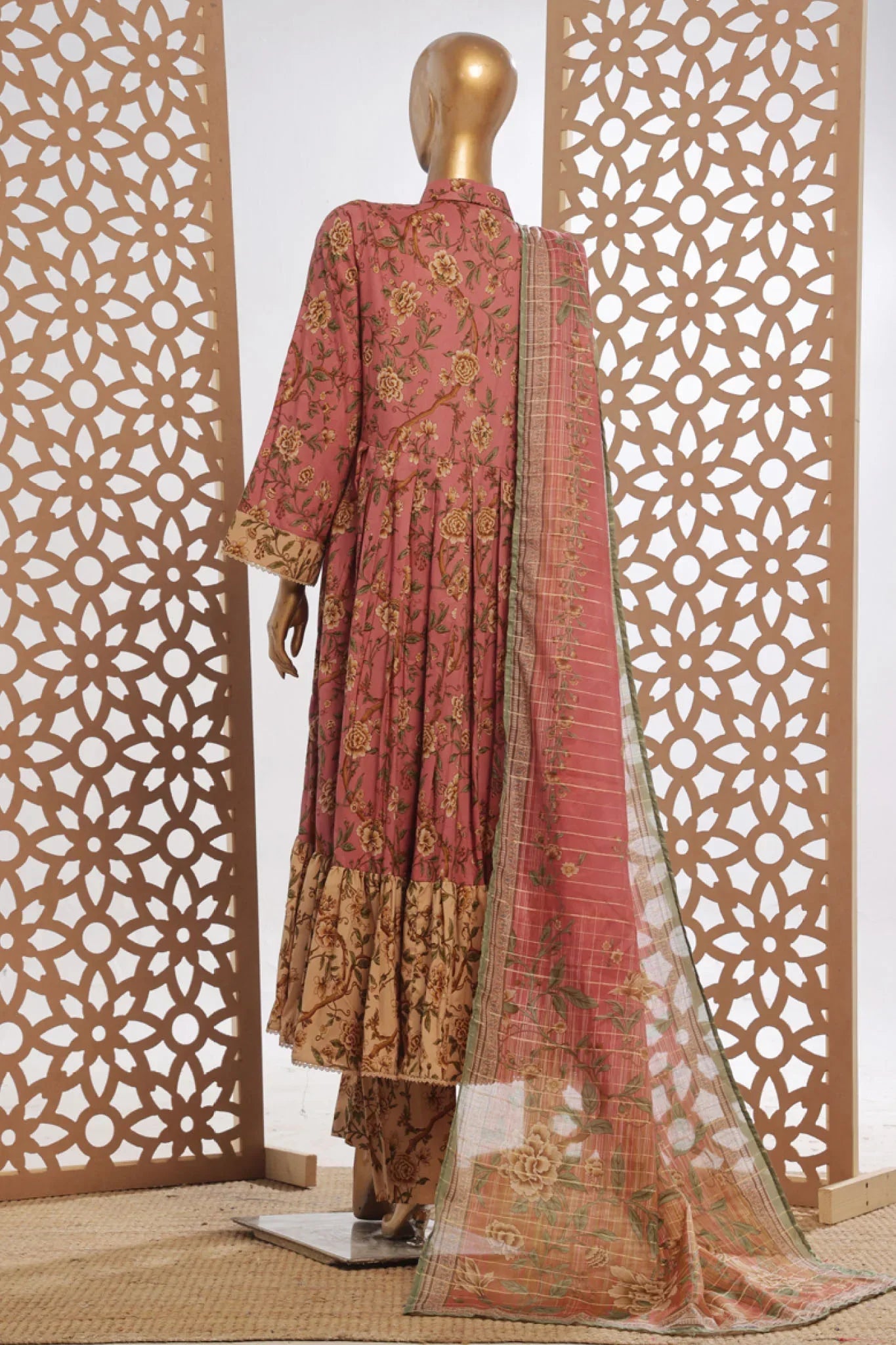 Bin Saeed Stitched 3 Piece Peplum Exclusive Printed Lawn Frock Collection-SM-1745-Pink