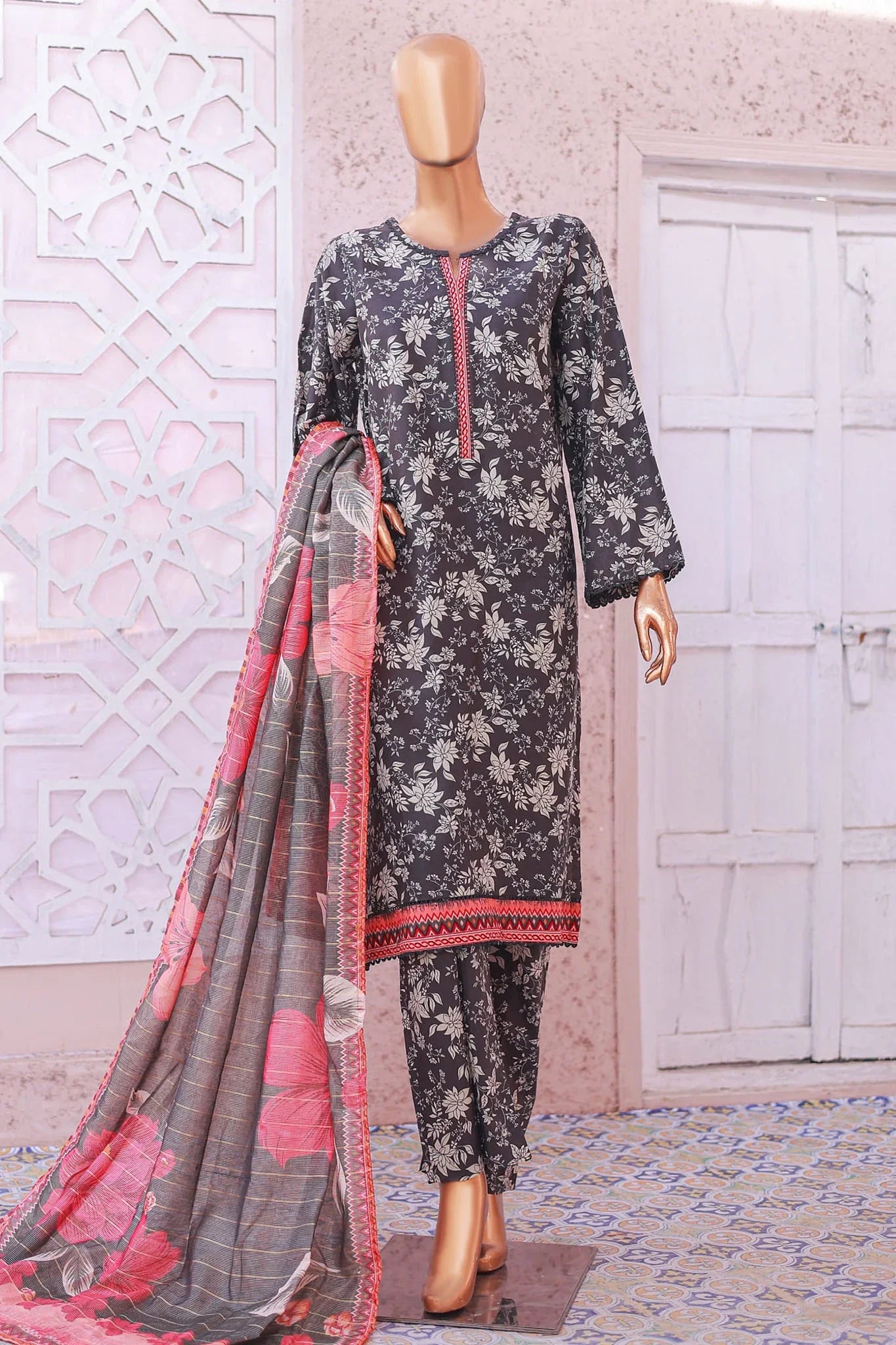 Bin Saeed Stitched 3 Piece Exclusive Printed Lawn Vol-05 Collection'2025-SM-1913-Black
