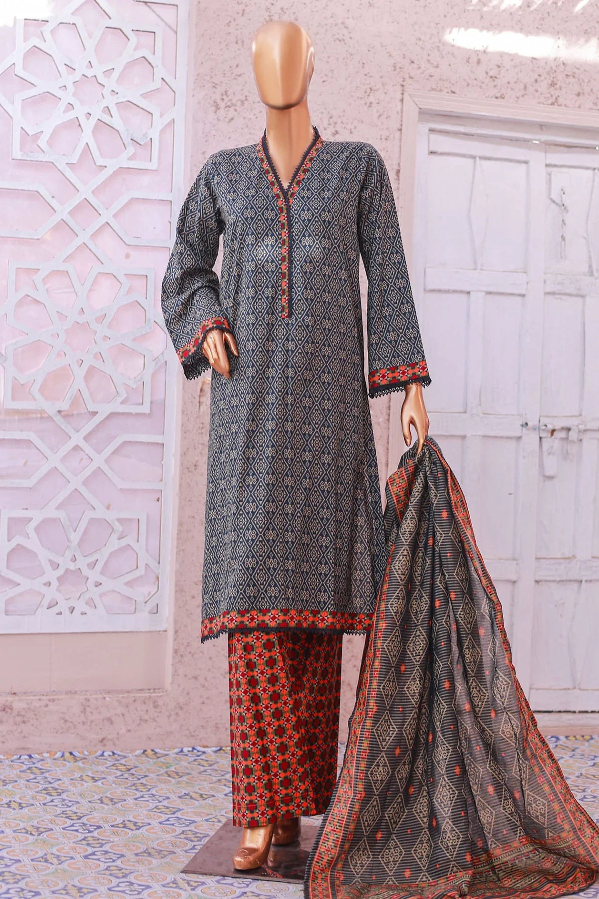 Bin Saeed Stitched 3 Piece Exclusive Printed Lawn Vol-05 Collection'2025-SM-1923-Grey