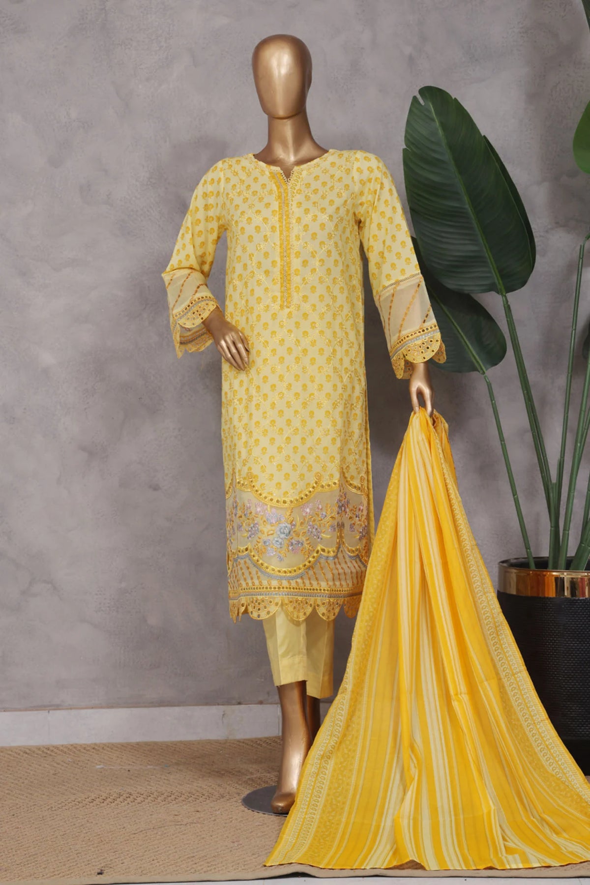 Bin Saeed Stitched 3 Piece Exc Emb Lawn Vol-02 Collection'2025-SM-2101-Yellow