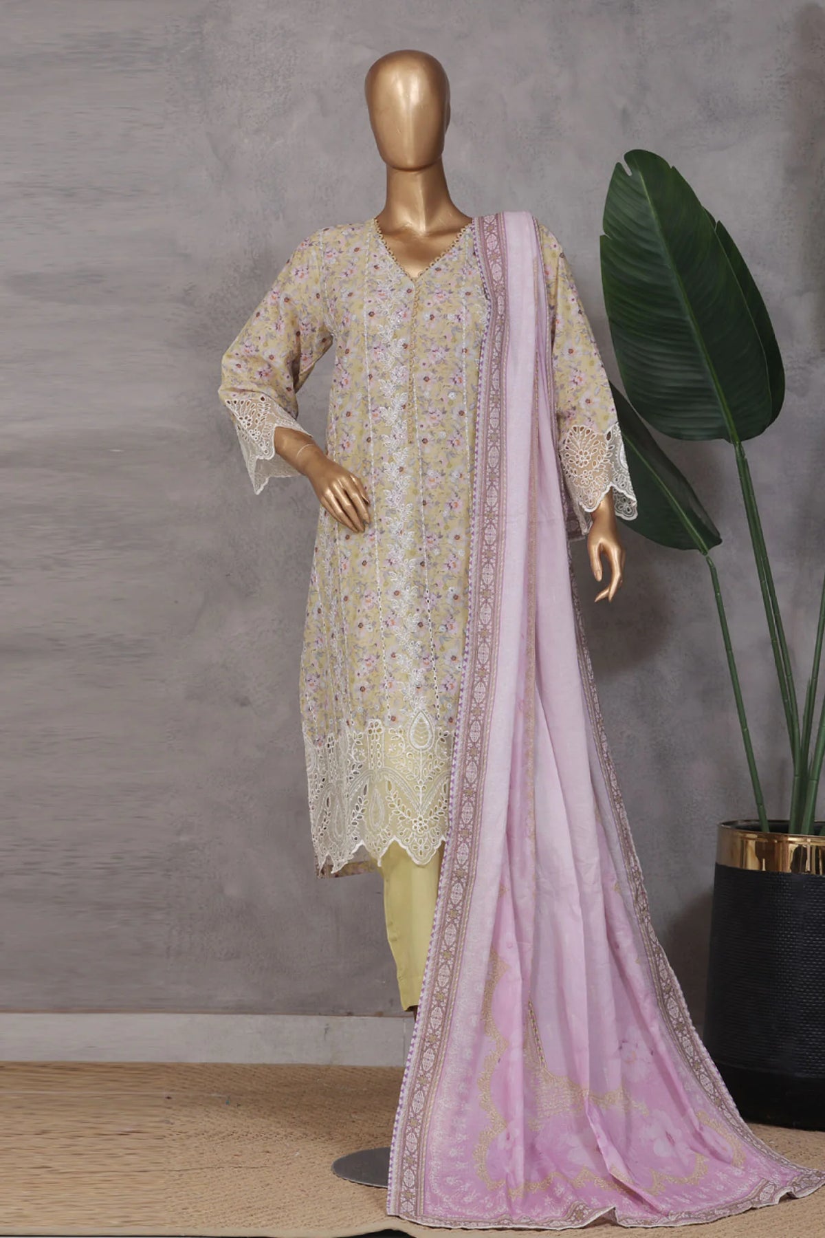 Bin Saeed Stitched 3 Piece Exc Emb Lawn Vol-02 Collection'2025-SM-2102-Yellow