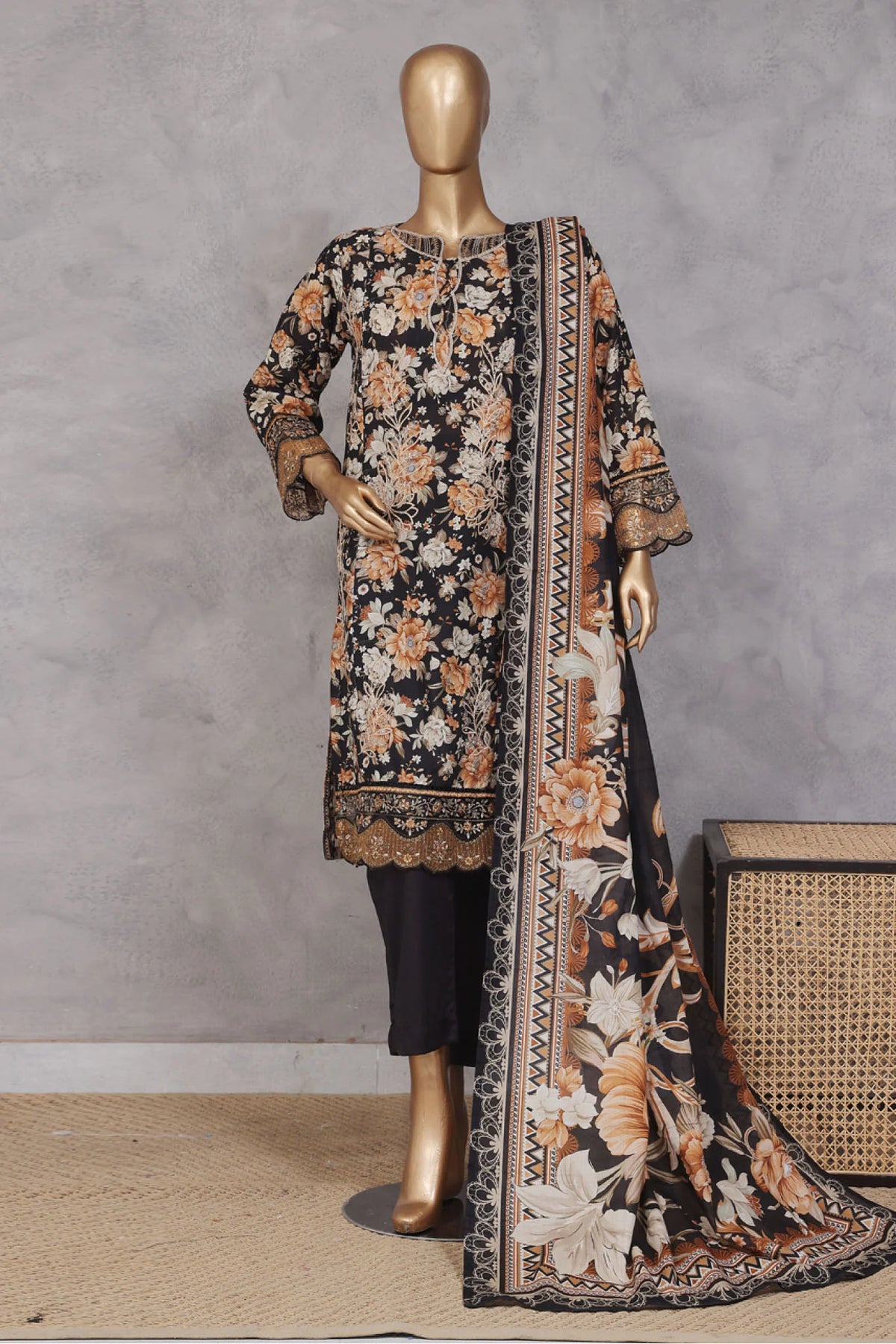 Bin Saeed Stitched 3 Piece Exc Emb Lawn Vol-02 Collection'2025-SM-2103-Black