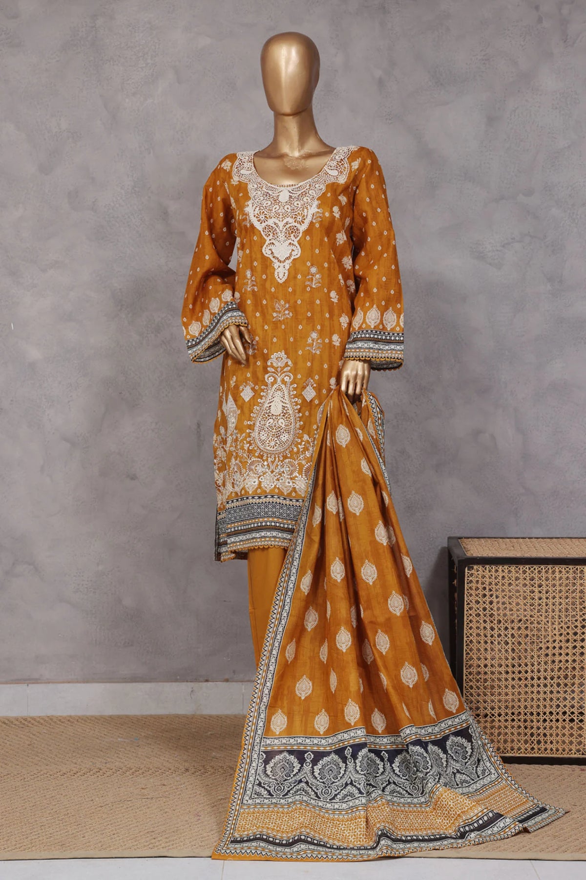 Bin Saeed Stitched 3 Piece Exc Emb Lawn Vol-02 Collection'2025-SM-2105-Golden