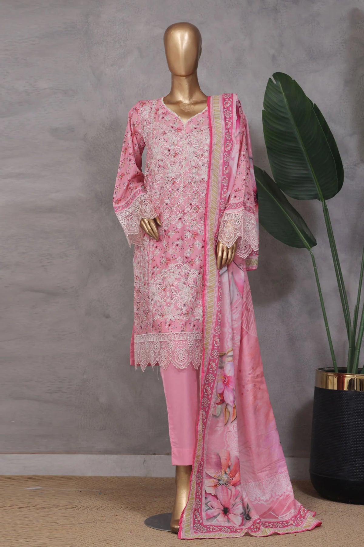 Bin Saeed Stitched 3 Piece Exc Emb Lawn Vol-02 Collection'2025-SM-2106-Pink
