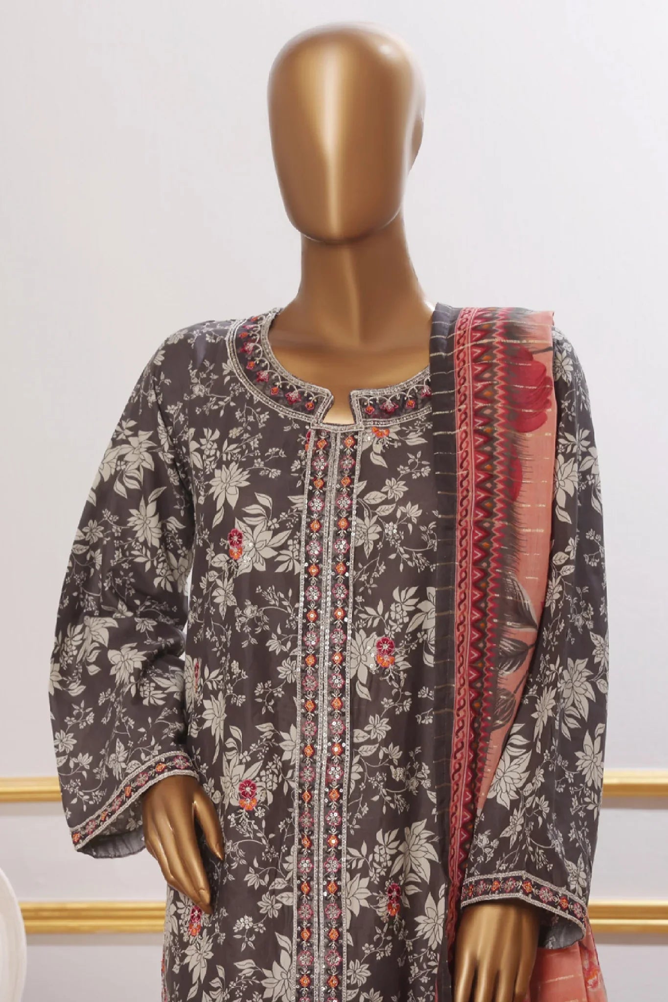 Bin Saeed Stitched 3 Piece Open Front Cutwork Kari Collection'2025-SM-2112-Dark Grey