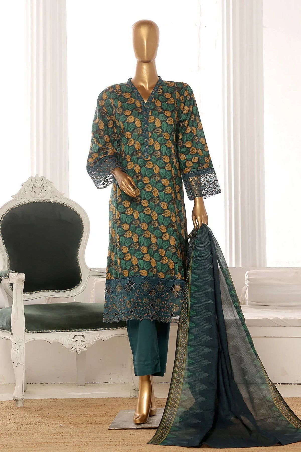 Bin Saeed Stitched 3 Piece Exclusive Lawn Frock Vol-01 Collection-AS-14571-Green