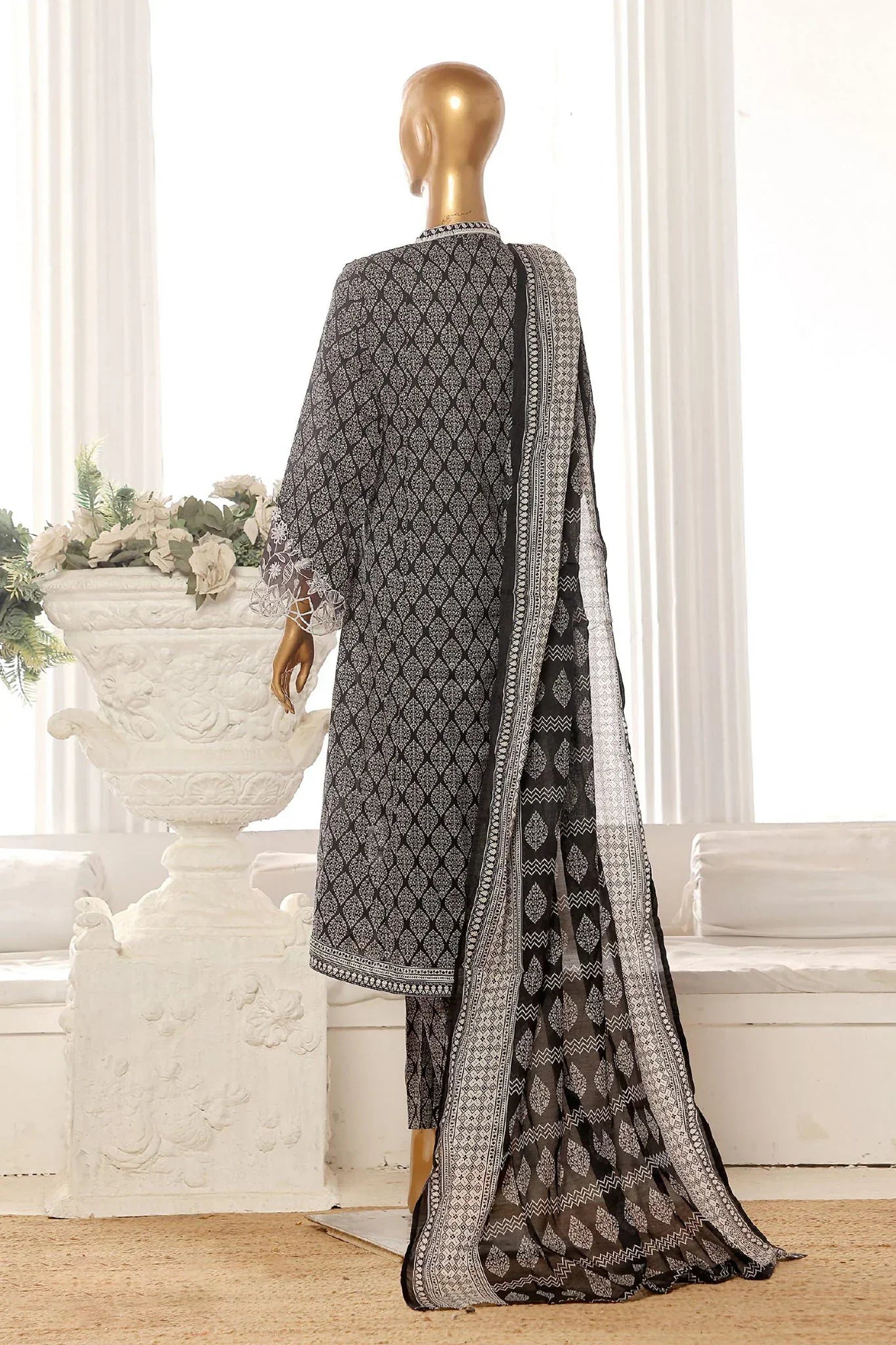Bin Saeed Stitched 3 Piece Exclusive Lawn Frock Vol-01 Collection-AS-14573-Black