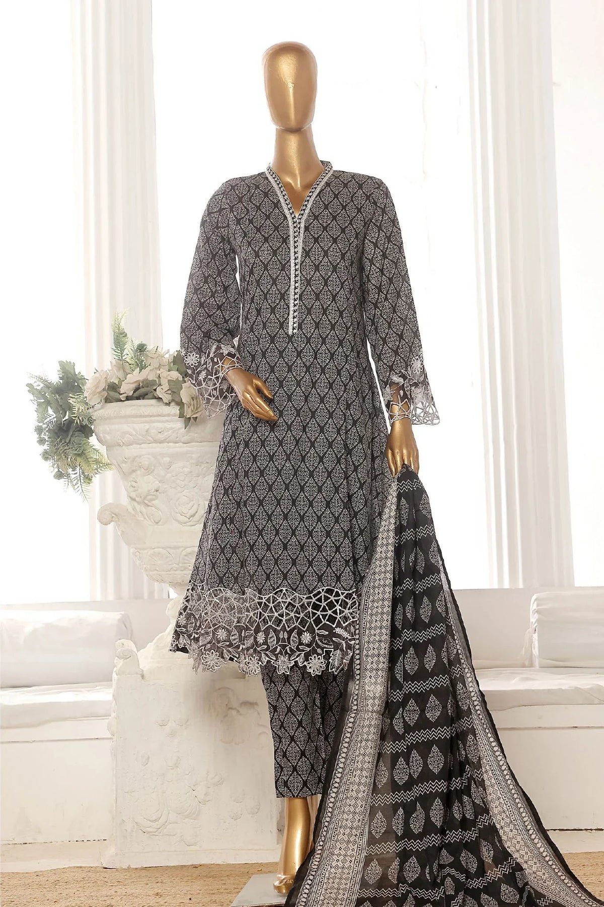 Bin Saeed Stitched 3 Piece Exclusive Lawn Frock Vol-01 Collection-AS-14573-Black