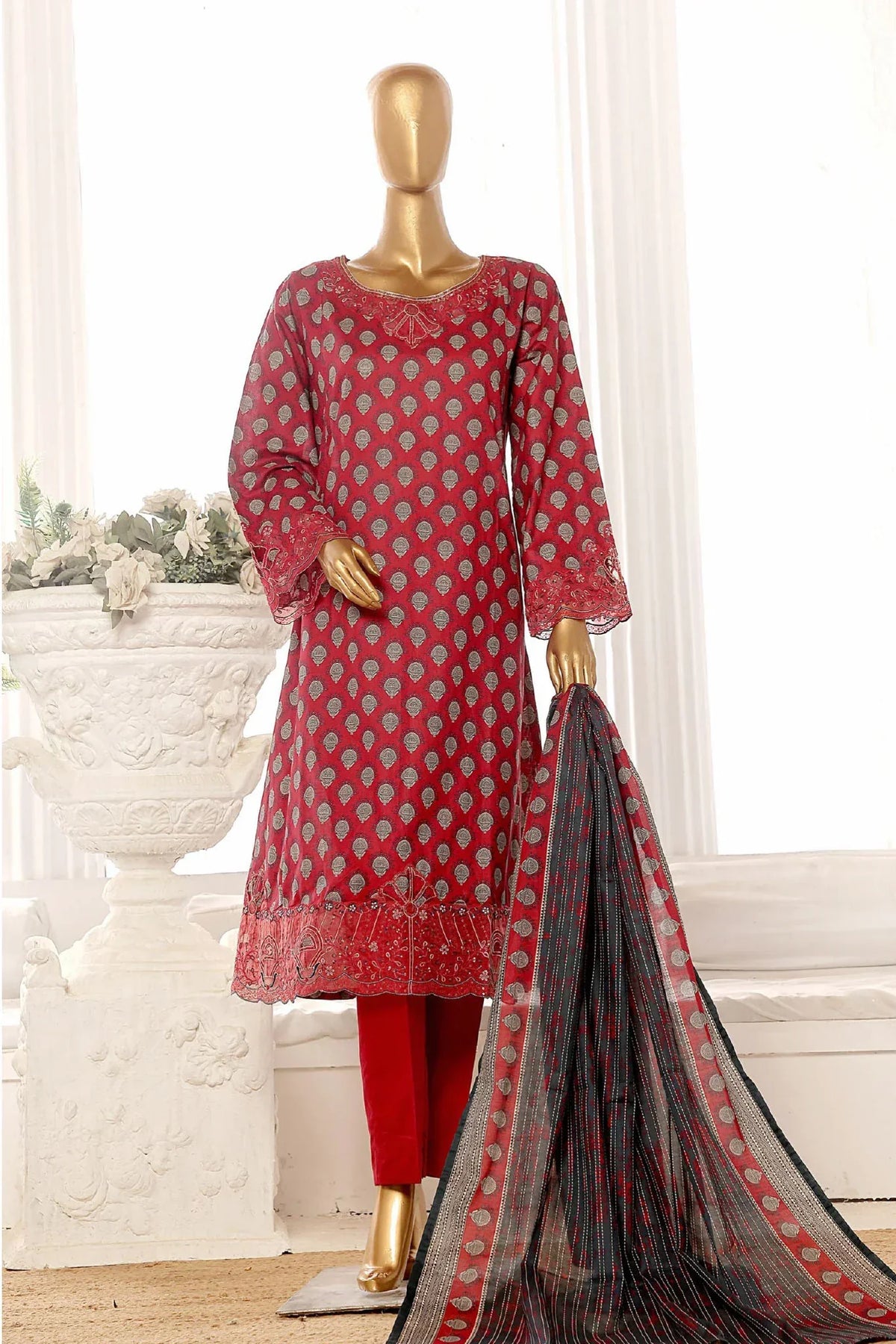 Bin Saeed Stitched 3 Piece Exclusive Lawn Frock Vol-01 Collection-AS-14654-Maroon