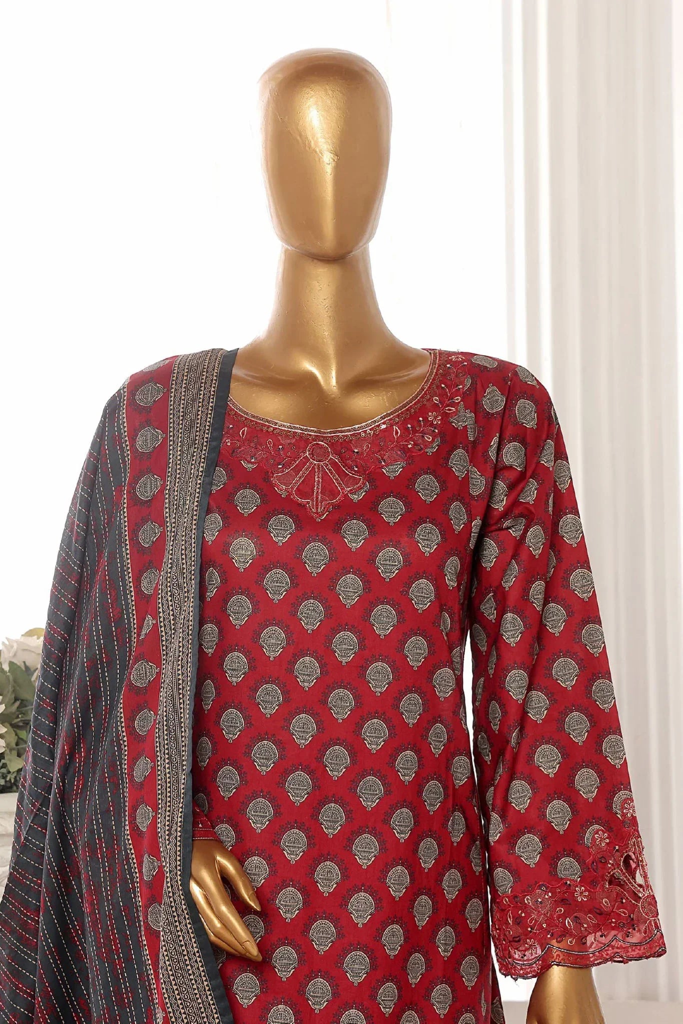 Bin Saeed Stitched 3 Piece Exclusive Lawn Frock Vol-01 Collection-AS-14654-Maroon