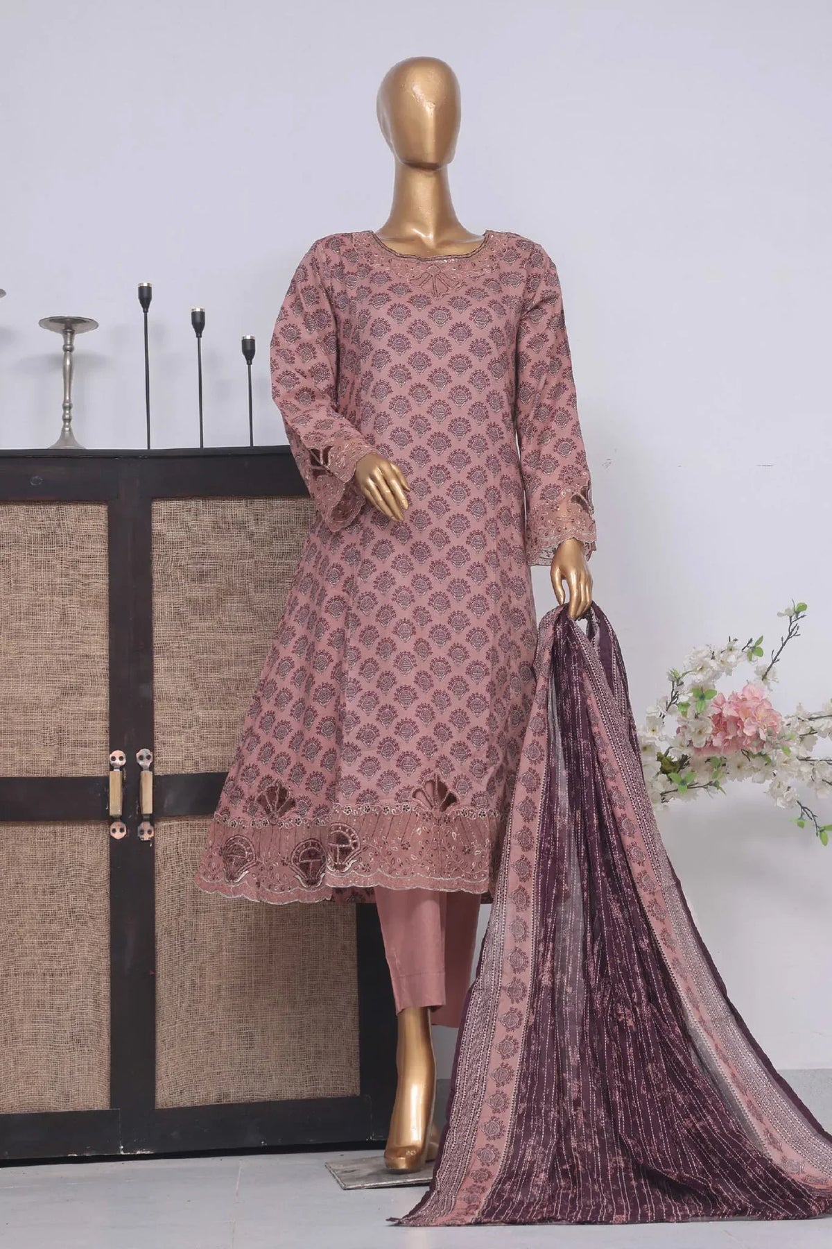 Bin Saeed Stitched 3 Piece Exclusive Lawn Frock Vol-01 Collection-AS-1455-Mauve