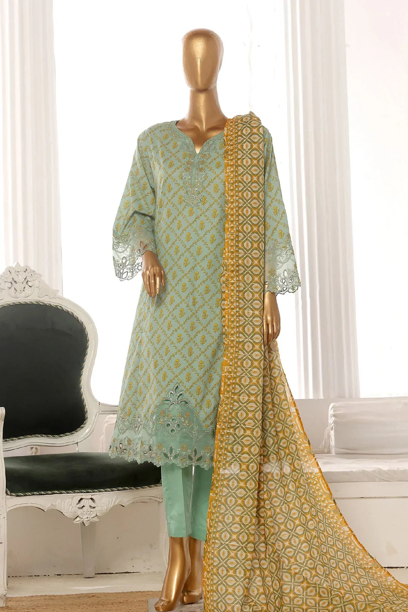 Bin Saeed Stitched 3 Piece Exclusive Lawn Frock Vol-01 Collection-AS-1462-Mint