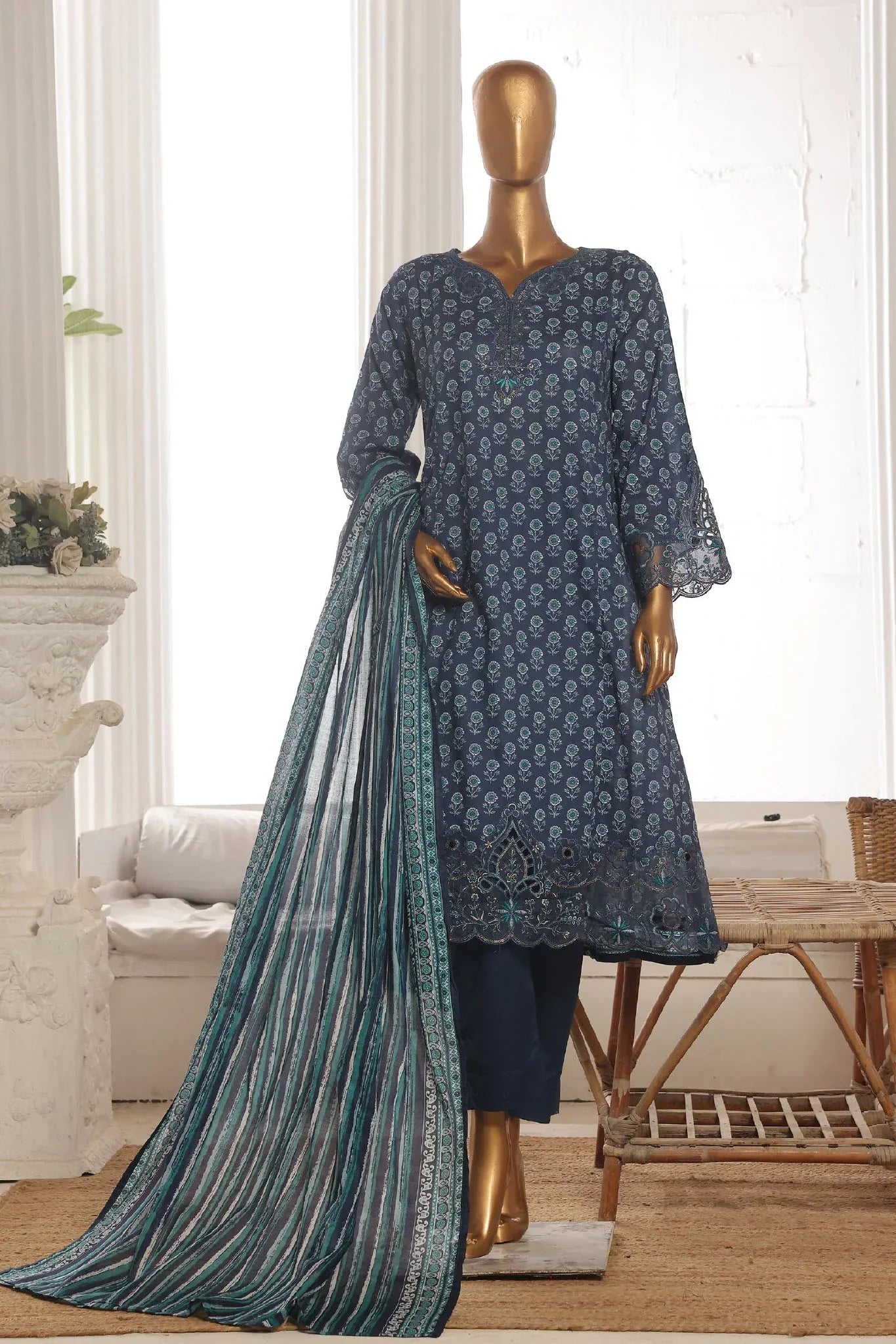 Bin Saeed Stitched 3 Piece Exclusive Lawn Frock Vol-01 Collection-AS-1463-Blue