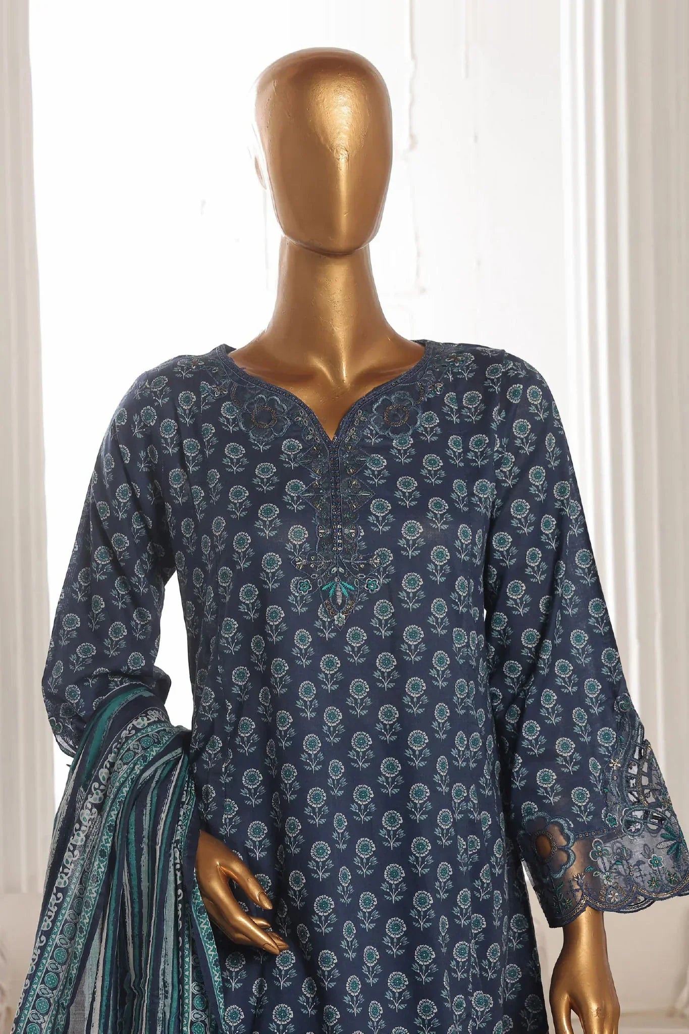 Bin Saeed Stitched 3 Piece Exclusive Lawn Frock Vol-01 Collection-AS-1463-Blue