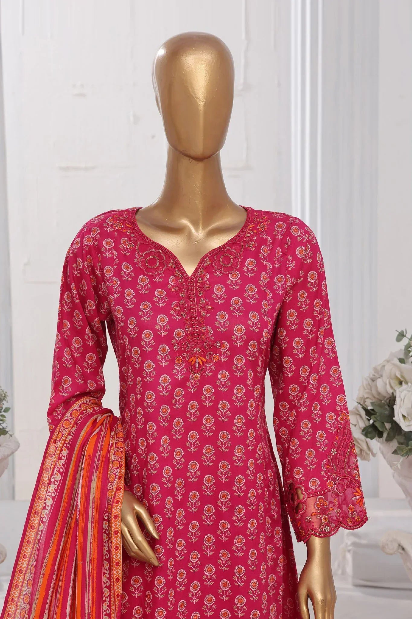 Bin Saeed Stitched 3 Piece Exclusive Lawn Frock Vol-01 Collection-AS-1465-Pink