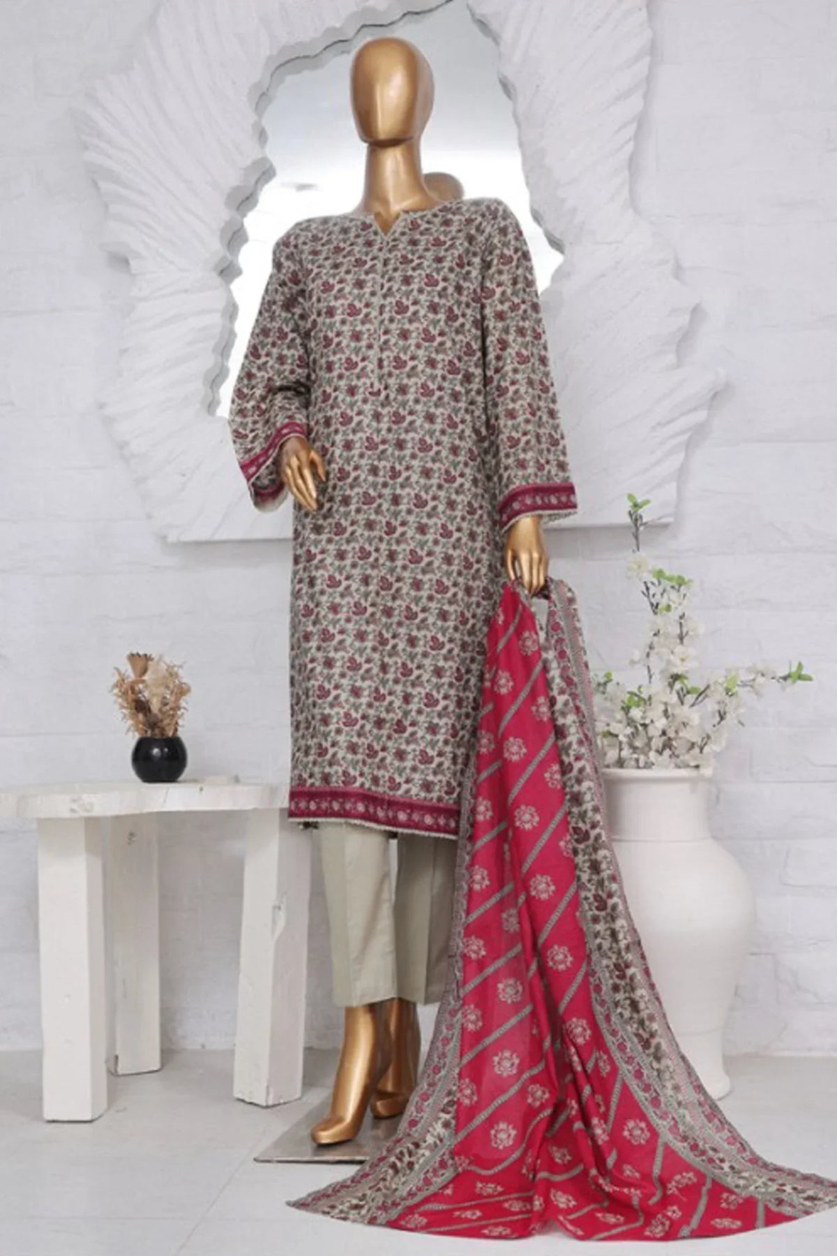 Bin Saeed Stitched 3 Piece Exclusive Printed Lawn Vol-02 Collection-AS-1013-Grey