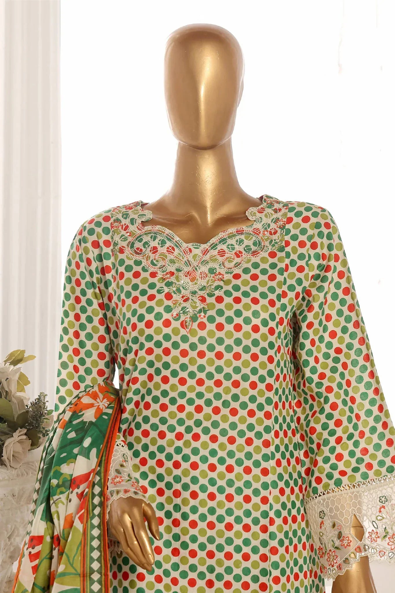 Bin Saeed Stitched 3 Piece Exclusive Lawn Frock Vol-01 Collection-AS-1466-Green