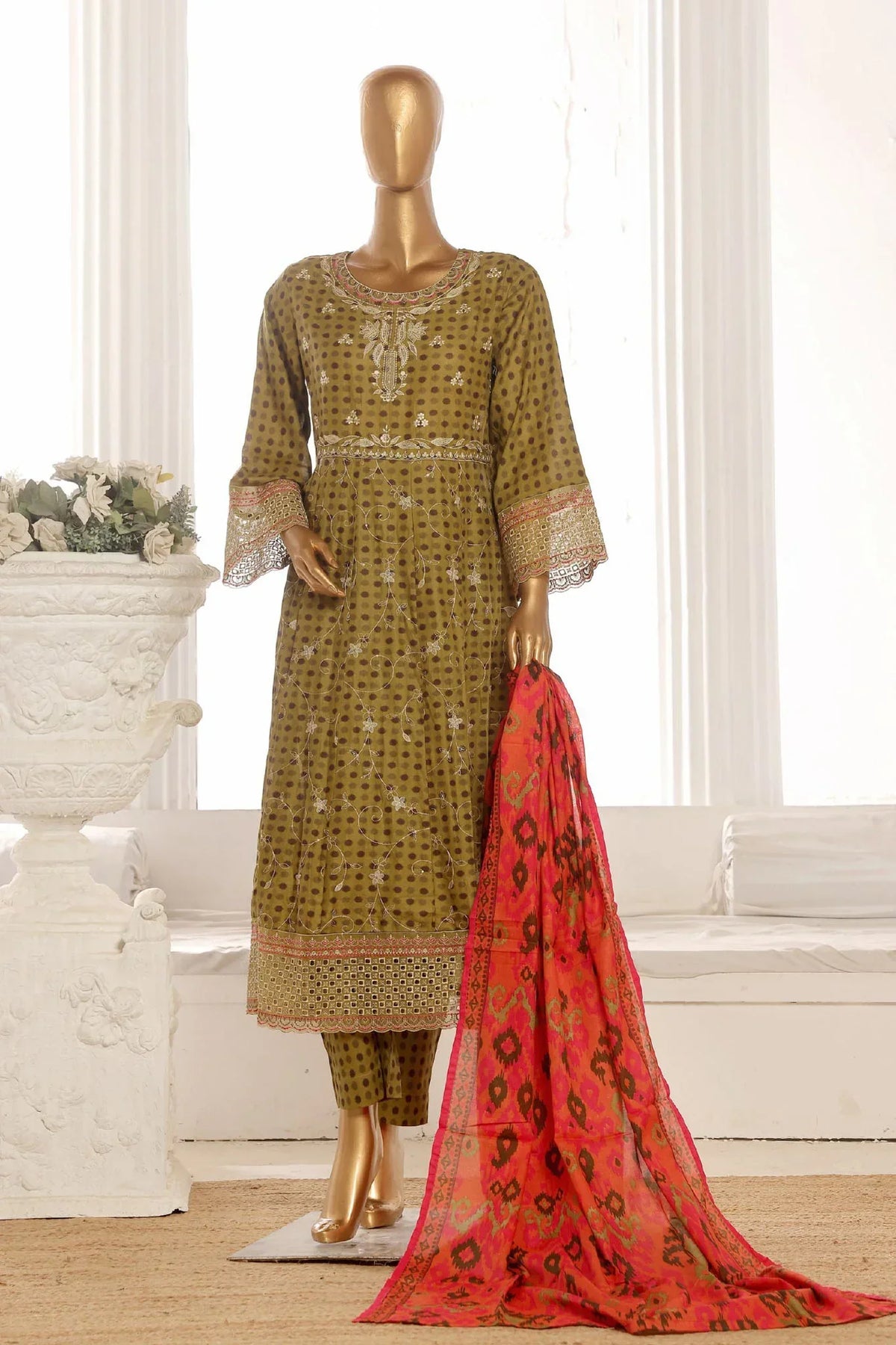 Bin Saeed Stitched 3 Piece Exclusive Lawn Frock Vol-01 Collection-AS-1467-Mehndi