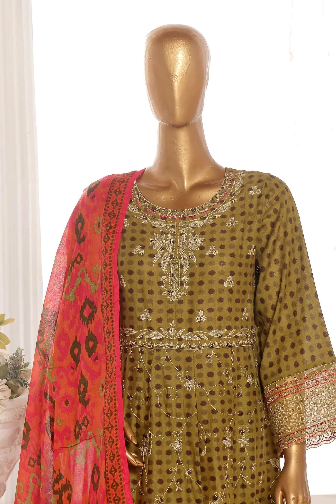 Bin Saeed Stitched 3 Piece Exclusive Lawn Frock Vol-01 Collection-AS-1467-Mehndi