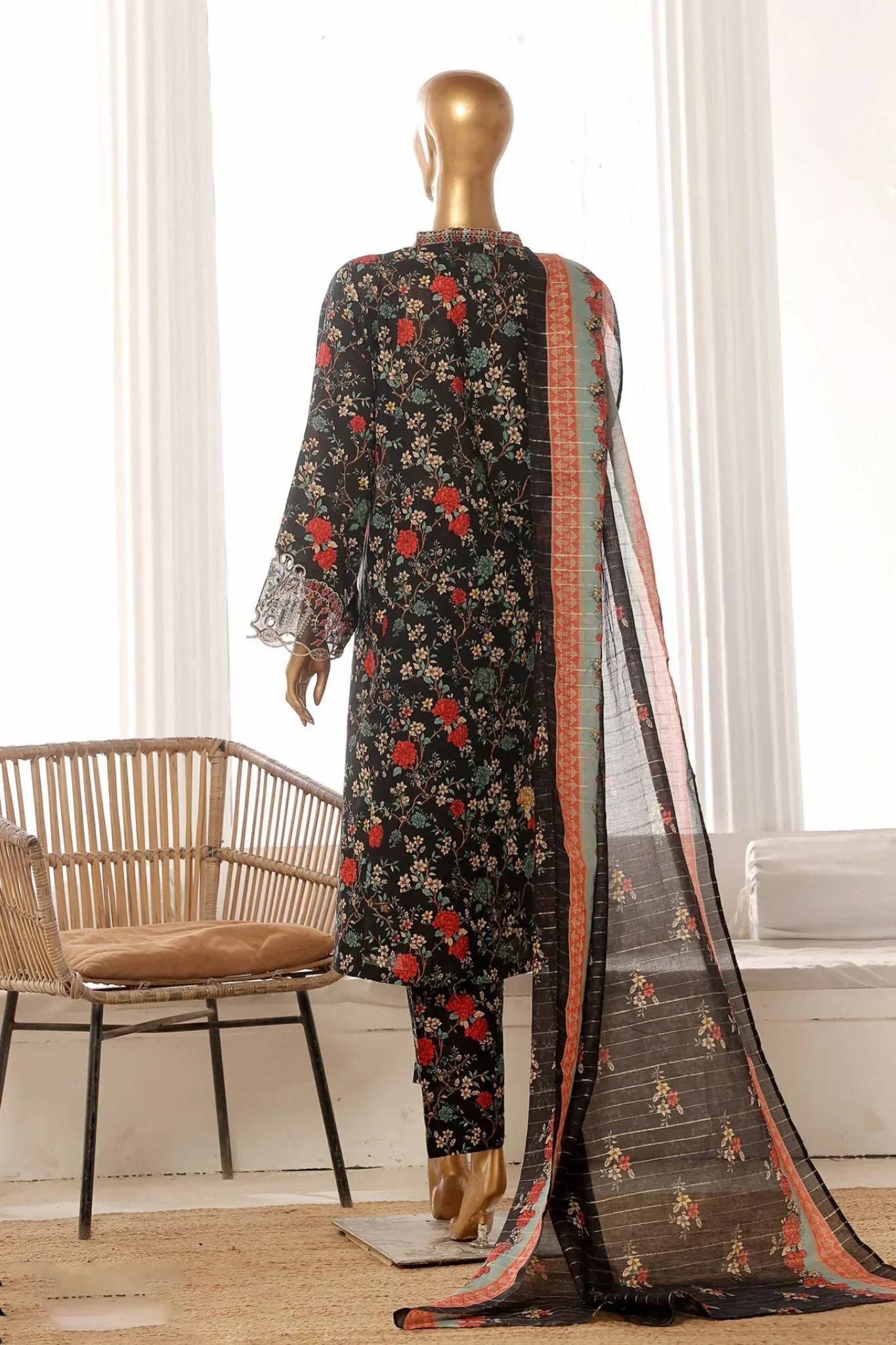 Bin Saeed Stitched 3 Piece Exclusive Lawn Frock Vol-01 Collection-AS-1468-Black
