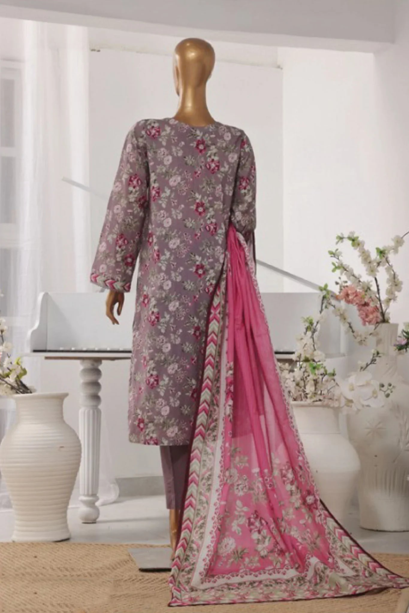 Bin Saeed Stitched 3 Piece Exclusive Printed Lawn Vol-02 Collection-AS-1018-Grey