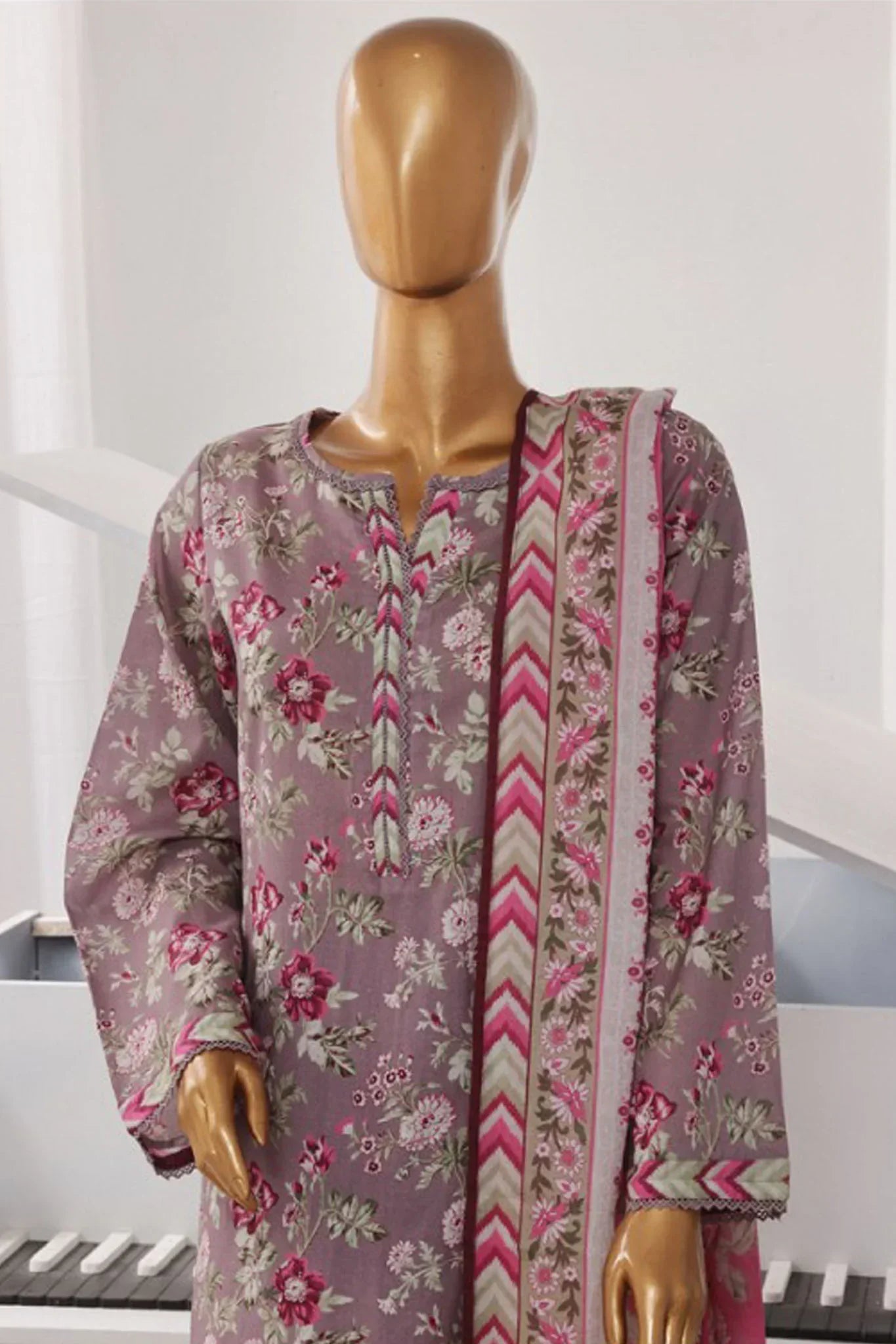Bin Saeed Stitched 3 Piece Exclusive Printed Lawn Vol-02 Collection-AS-1018-Grey
