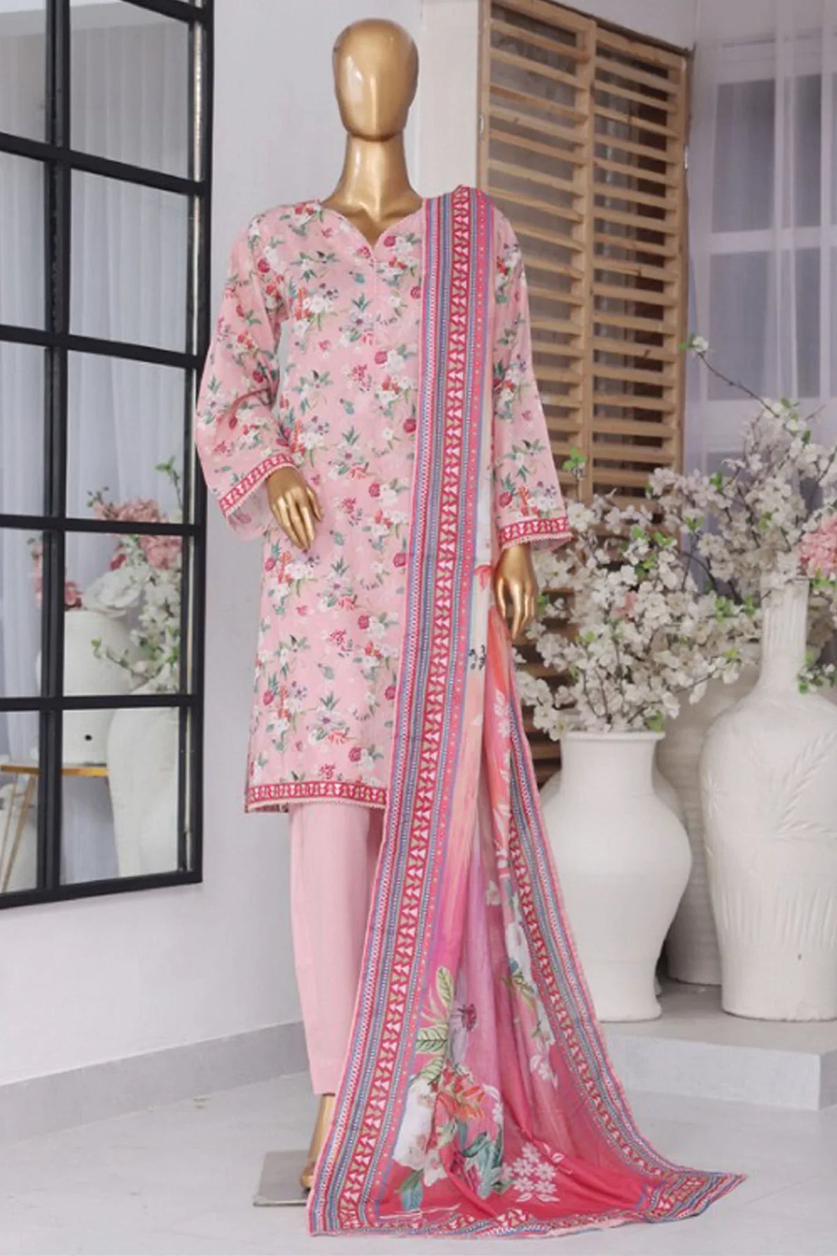 Bin Saeed Stitched 3 Piece Exclusive Printed Lawn Vol-02 Collection-AS-1024-Pink