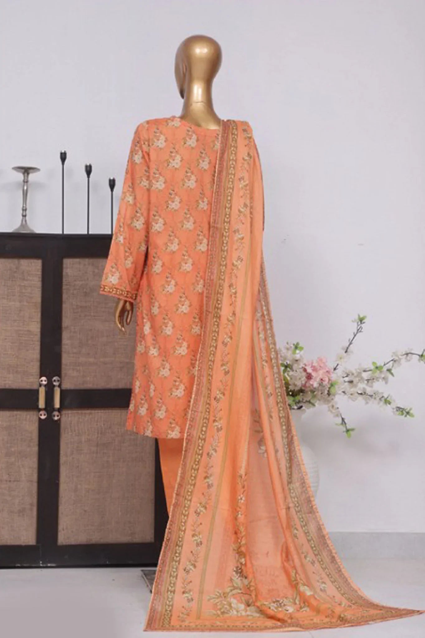 Bin Saeed Stitched 3 Piece Exclusive Printed Lawn Vol-02 Collection-AS-1028-Peach