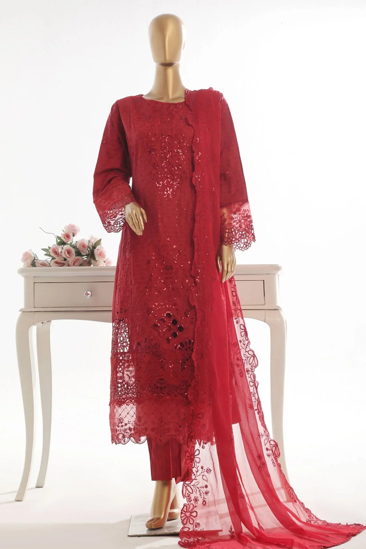 Bin Saeed Stitched 3 Piece Luxury Self & Self Frock Collection-SMK-1591-Maroon