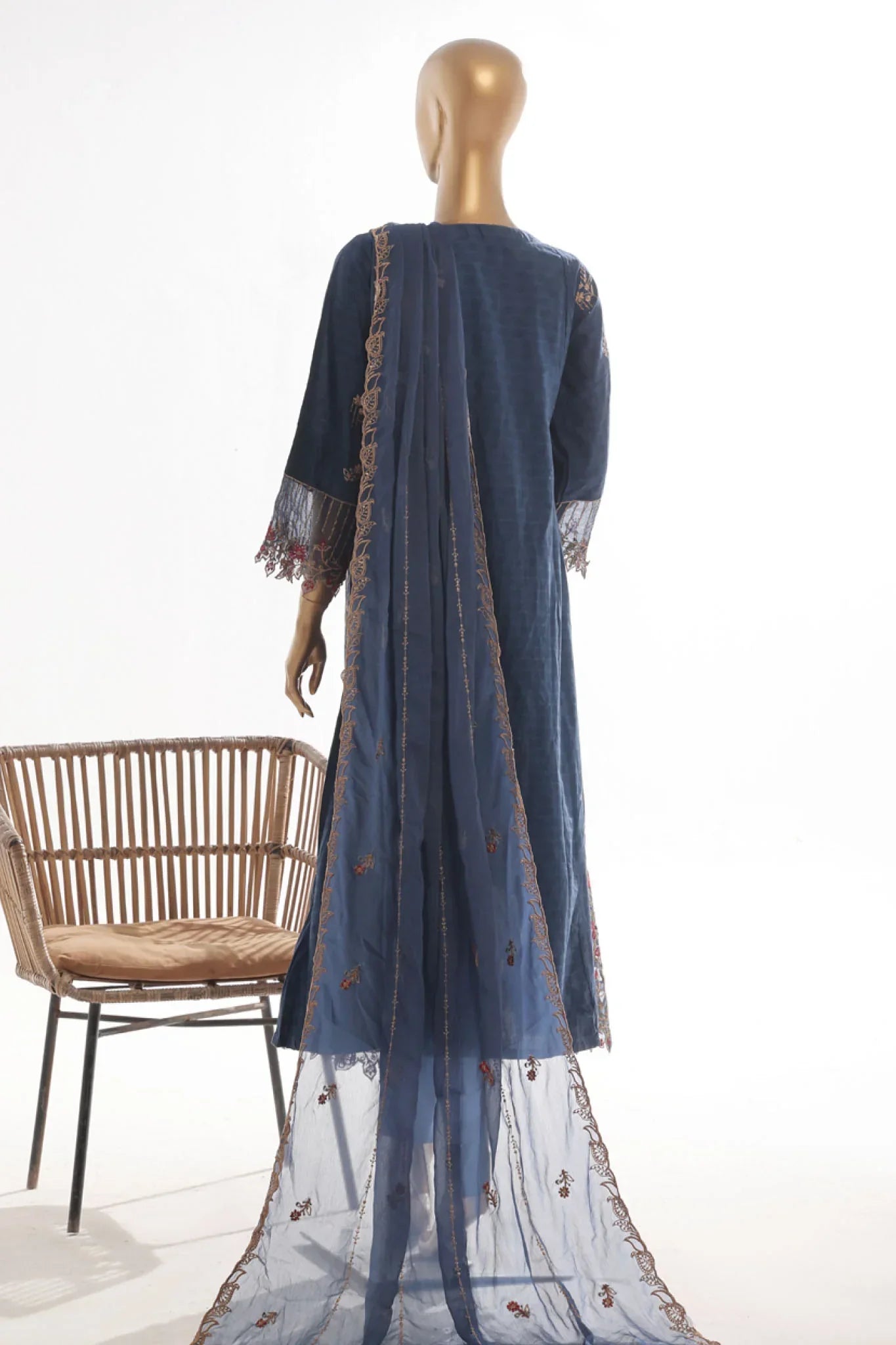 Bin Saeed Stitched 3 Piece Luxury Self & Self Frock Collection-SMK-1592-Navy Blue