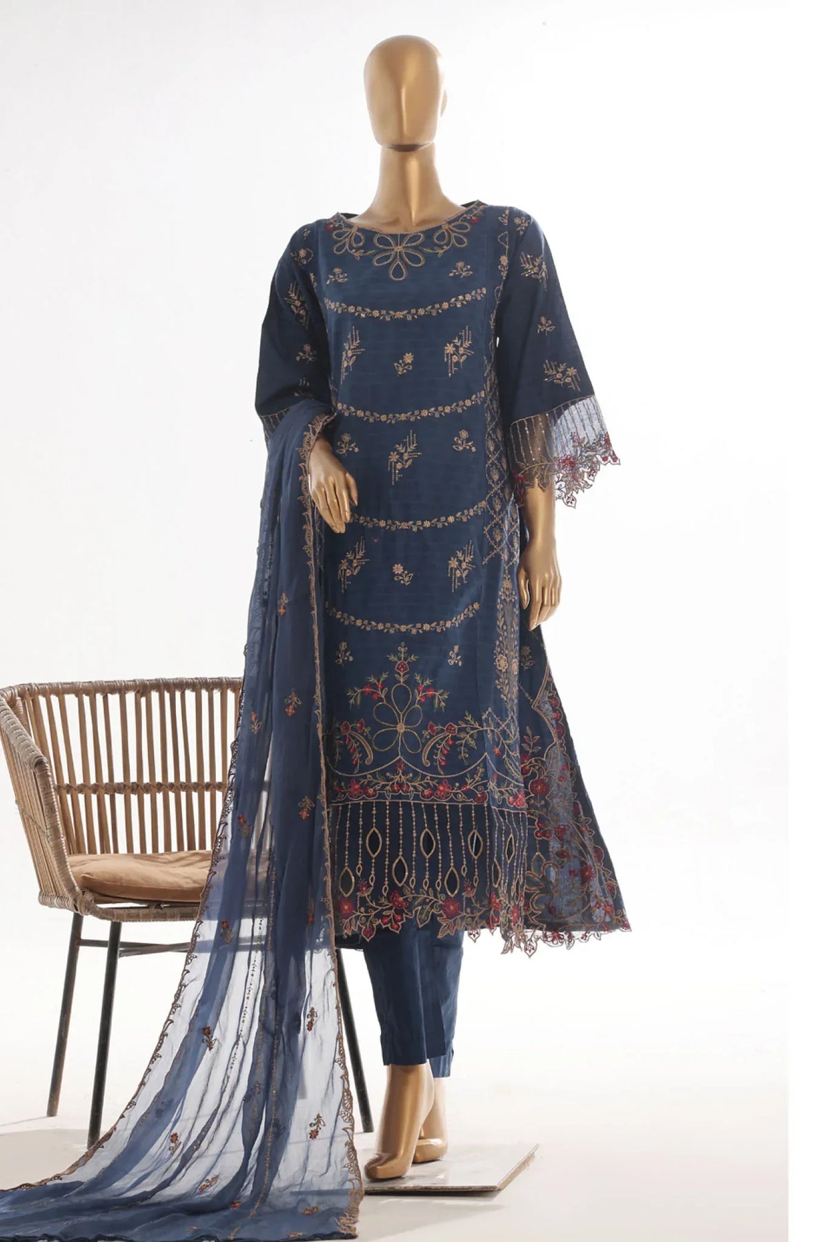 Bin Saeed Stitched 3 Piece Luxury Self & Self Frock Collection-SMK-1592-Navy Blue