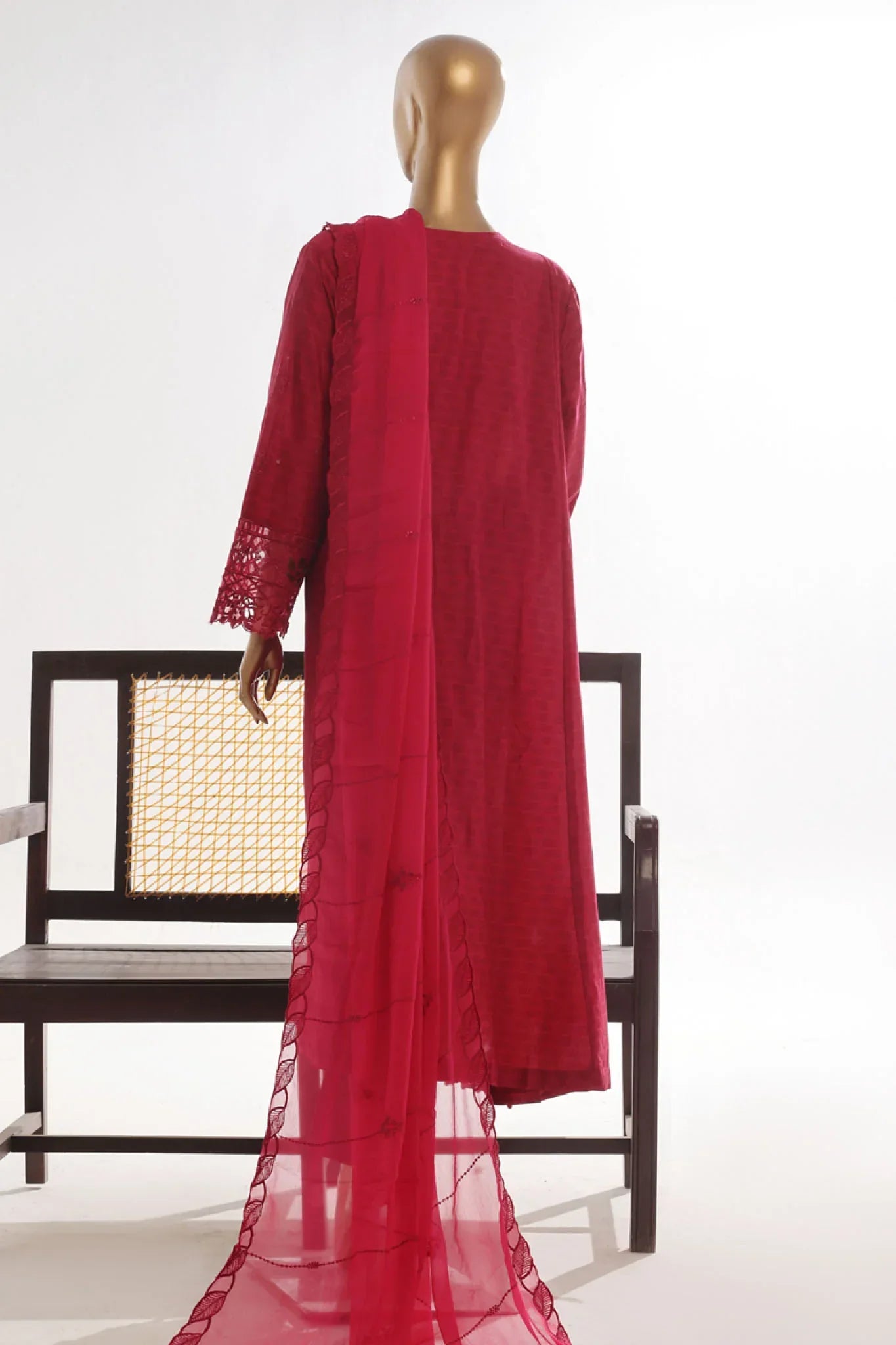Bin Saeed Stitched 3 Piece Luxury Self & Self Frock Collection-SMK-1593-Red
