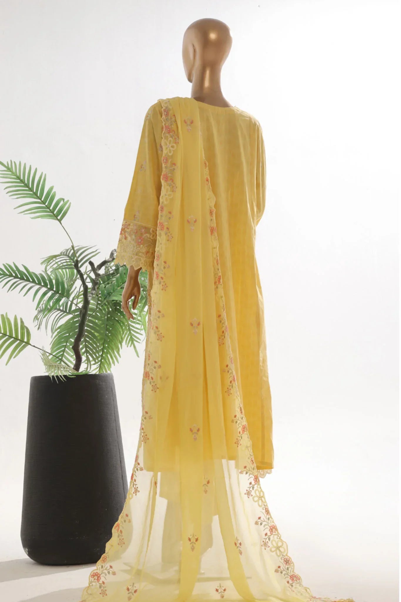 Bin Saeed Stitched 3 Piece Luxury Self & Self Frock Collection-SMK-1594-Yellow