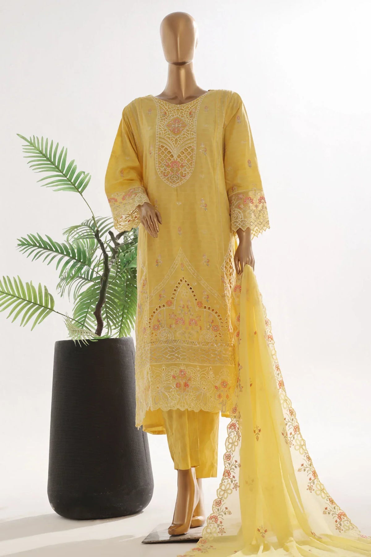 Bin Saeed Stitched 3 Piece Luxury Self & Self Frock Collection-SMK-1594-Yellow