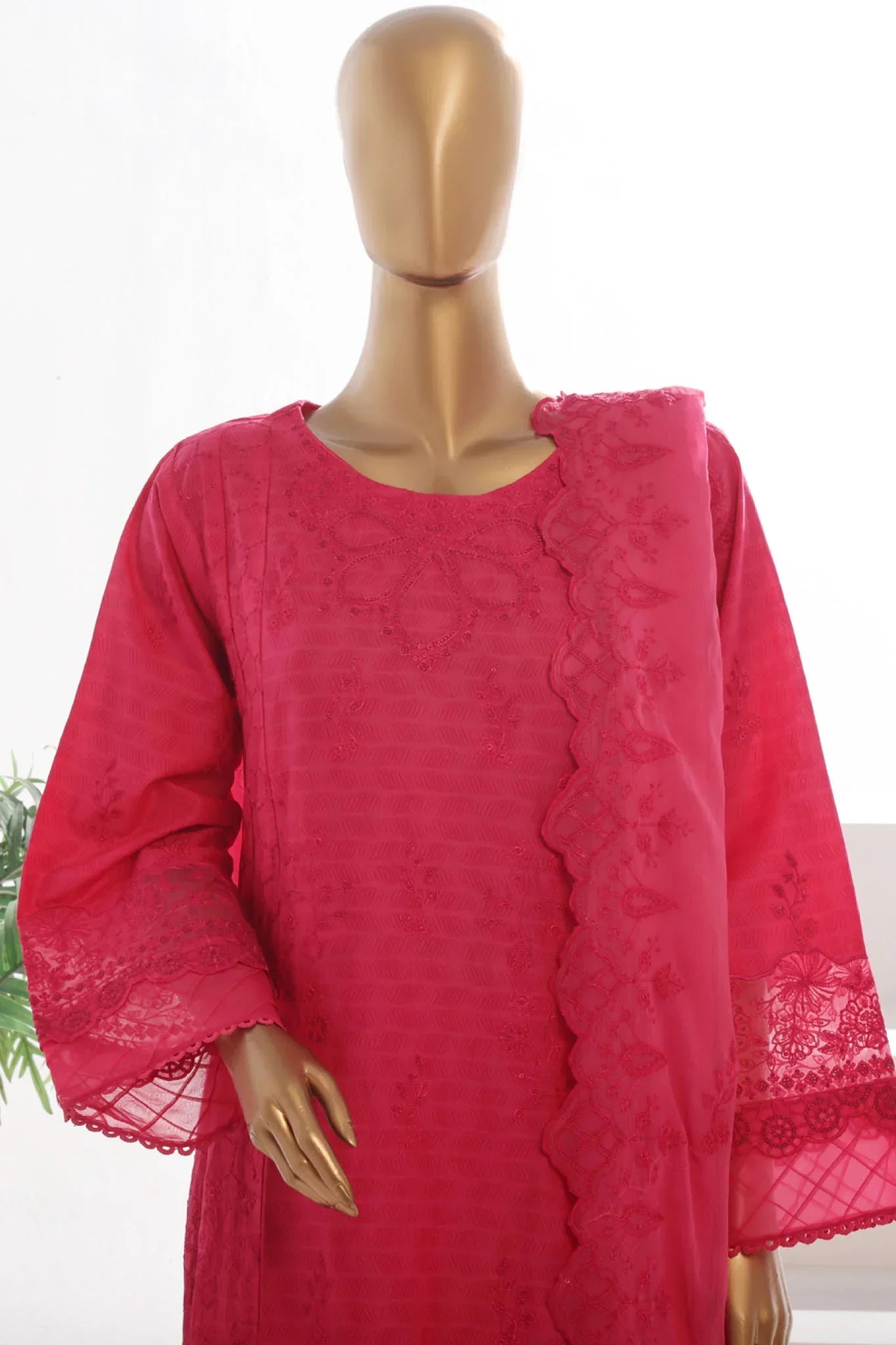 New Bin Saeed Stitched 3 Piece Luxury Self & Self Frock Collection-SMK-1595-Magenta