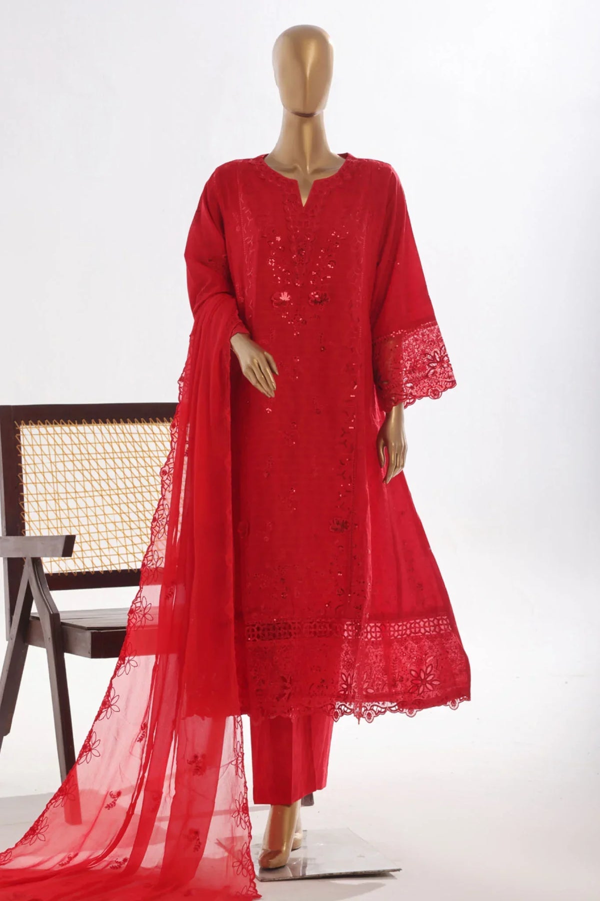 Bin Saeed Stitched 3 Piece Luxury Self & Self Frock Collection-SMK-1596-Red