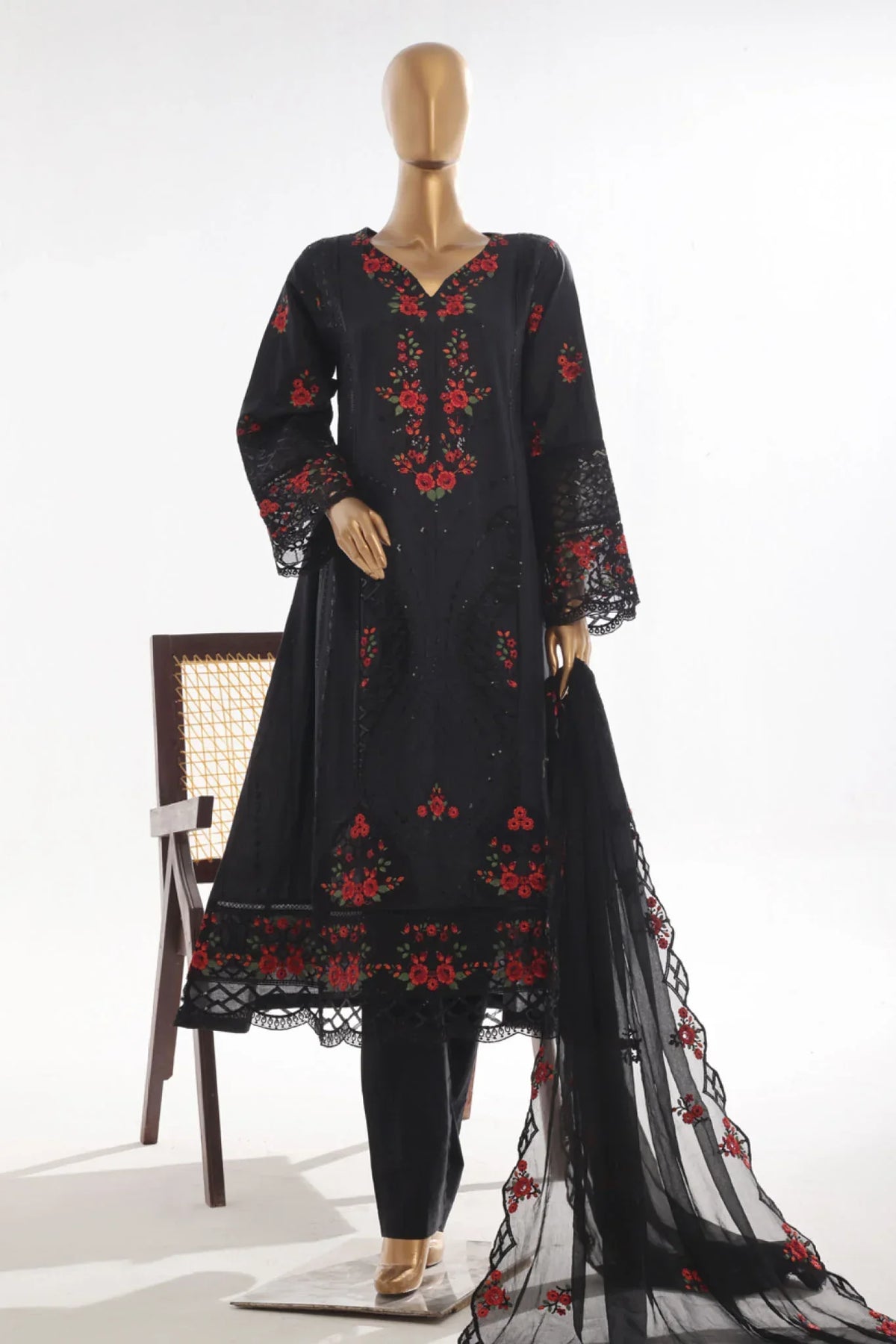 Bin Saeed Stitched 3 Piece Luxury Self & Self Frock Collection-SMK-1601-Black