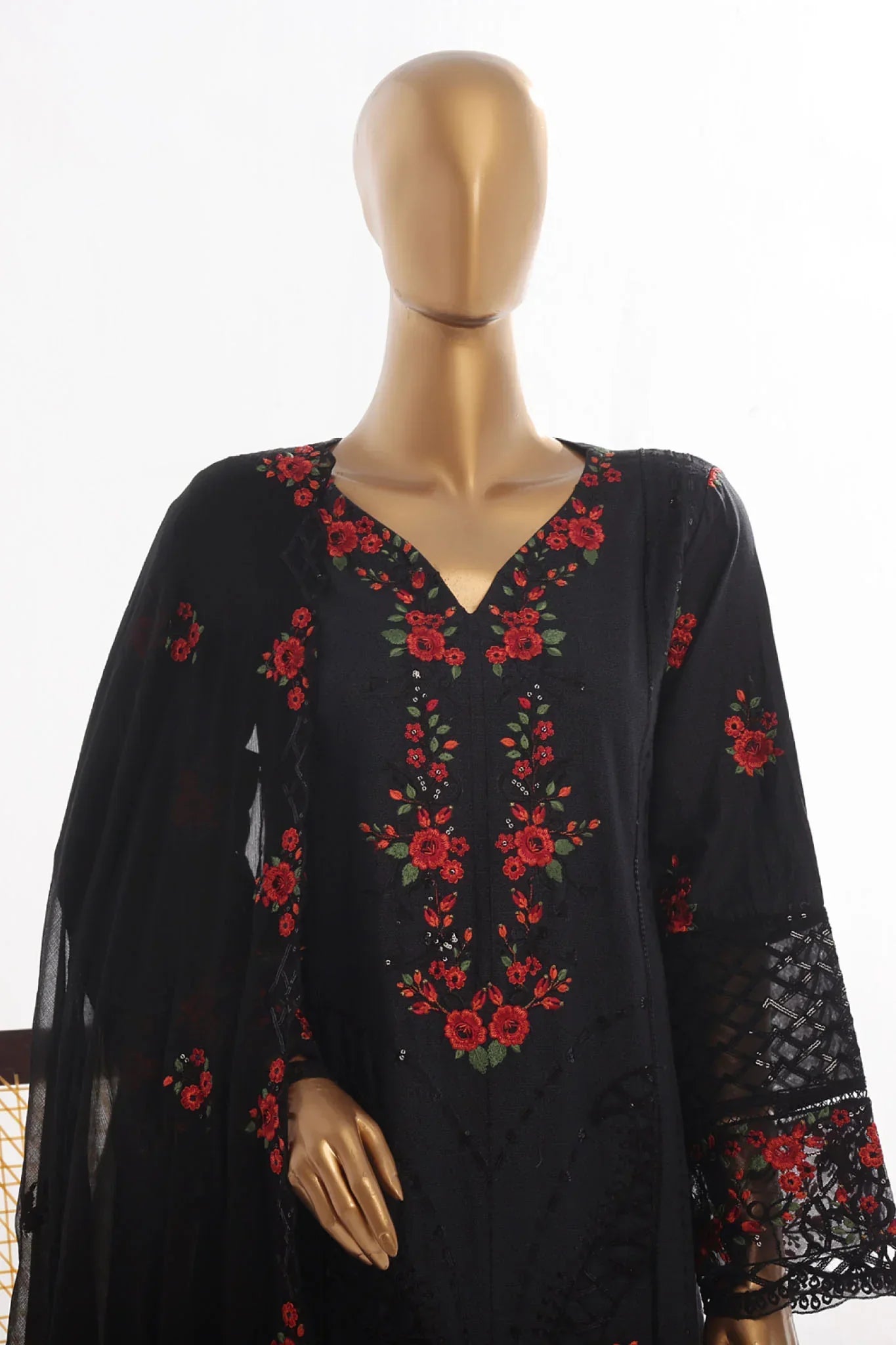 Bin Saeed Stitched 3 Piece Luxury Self & Self Frock Collection-SMK-1601-Black