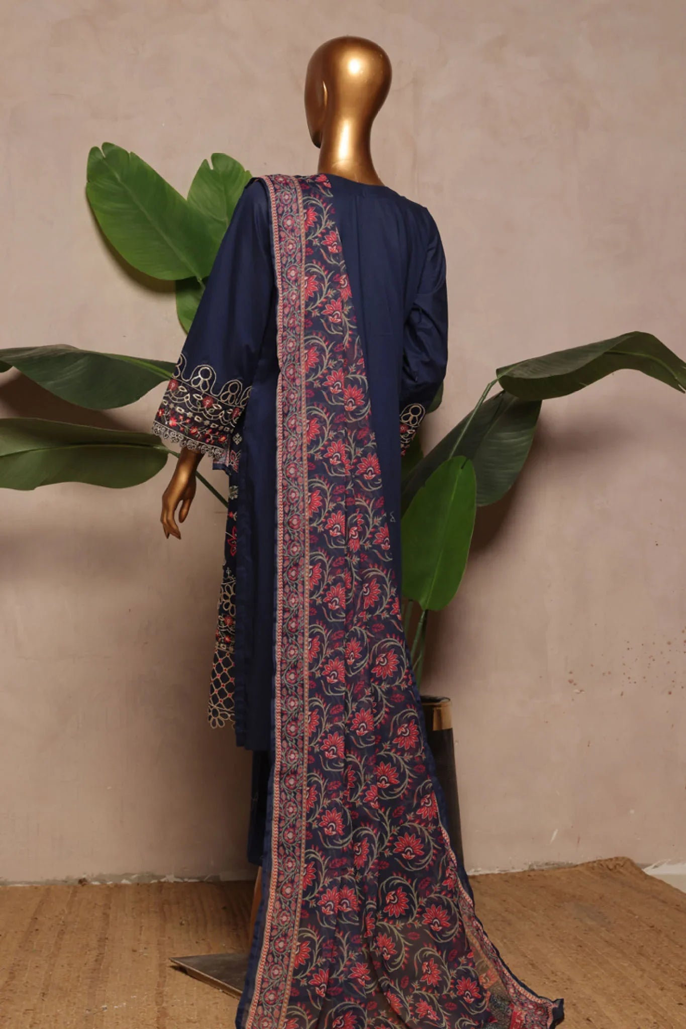 Bin Saeed Stitched 3 Piece Luxe Plain Cotton With Chiffon Dupatta Collection'2025-SMPC-1954-Blue