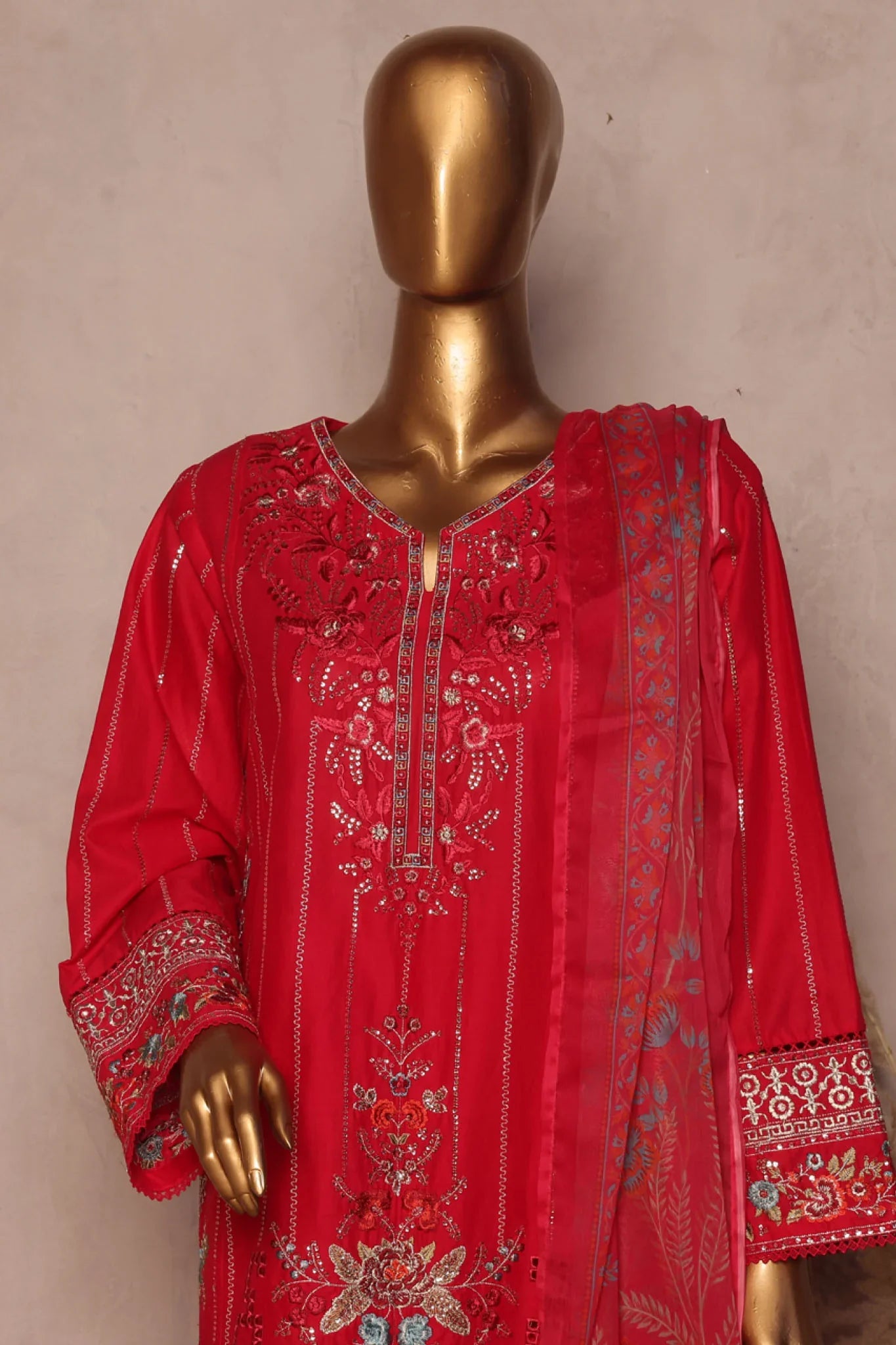 Bin Saeed Stitched 3 Piece Luxe Plain Cotton With Chiffon Dupatta Collection'2025-SMPC-1957-Red