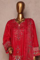 Bin Saeed Stitched 3 Piece Luxe Plain Cotton With Chiffon Dupatta Collection'2025-SMPC-1957-Red