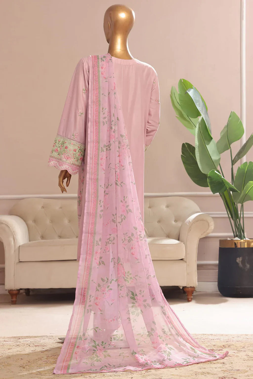 Bin Saeed Stitched 3 Piece Plain Cotton with Emb Trouser Collection'2025-SMPC-1970-Pink