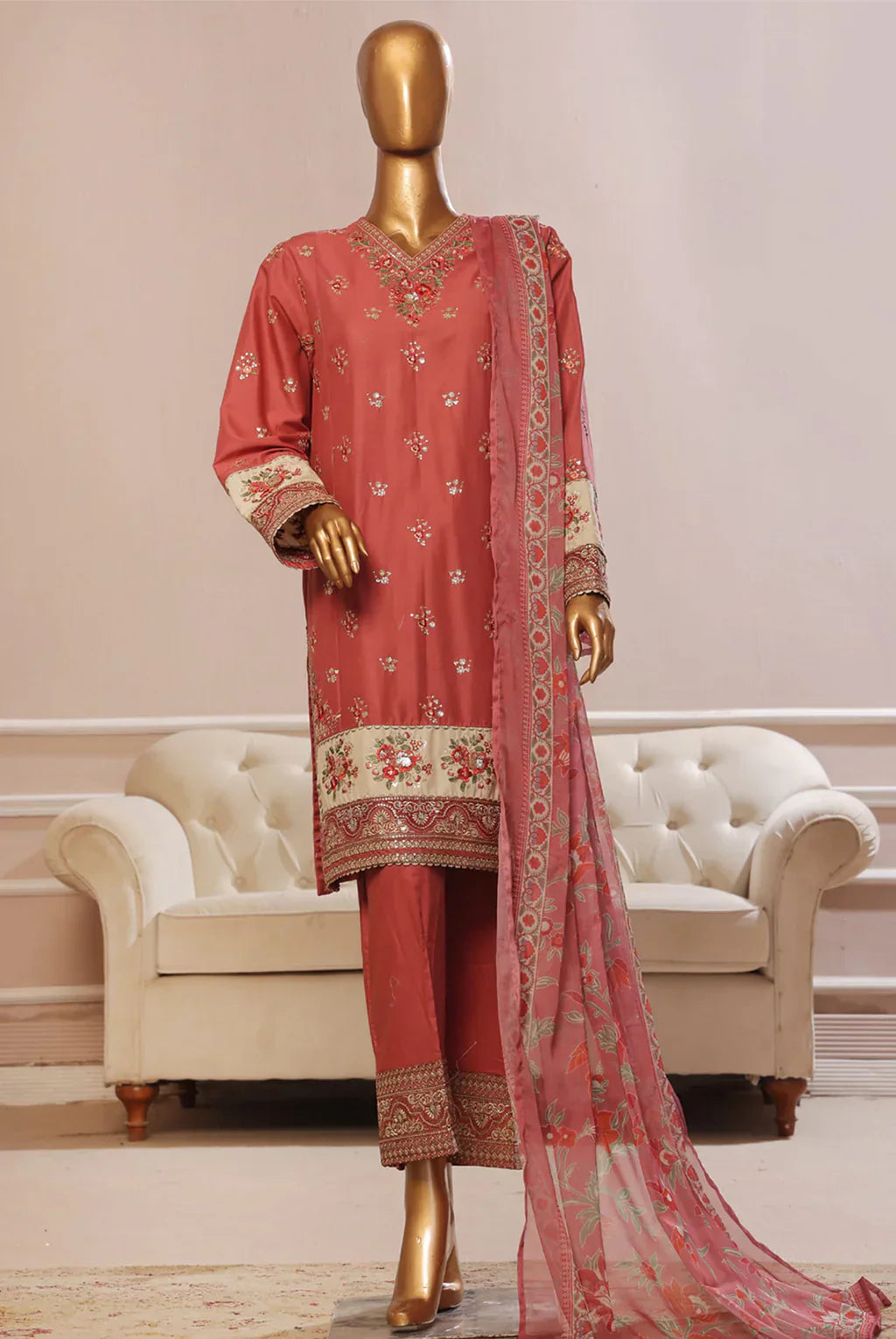 Bin Saeed Stitched 3 Piece Plain Cotton with Emb Trouser Collection'2025-SMPC-1973-Maroon