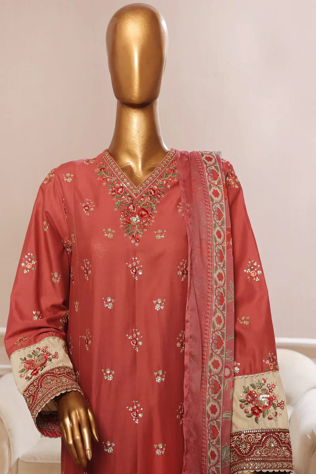 Bin Saeed Stitched 3 Piece Plain Cotton with Emb Trouser Collection'2025-SMPC-1973-Maroon