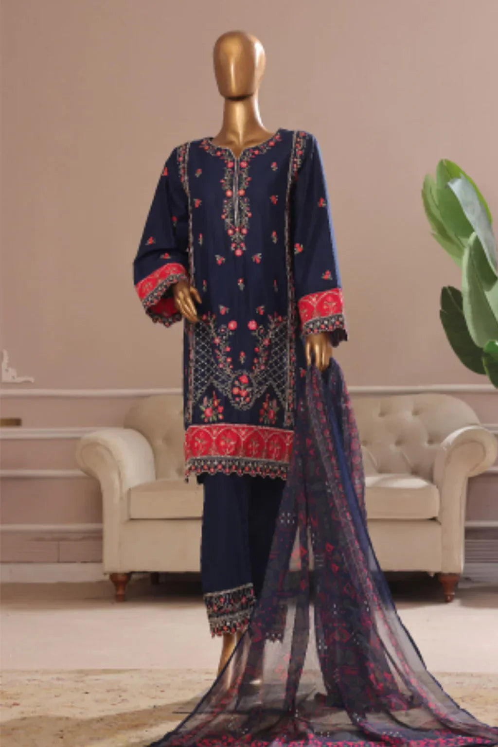 Bin Saeed Stitched 3 Piece Plain Cotton with Emb Trouser Collection'2025-SMPC-1976-Blue