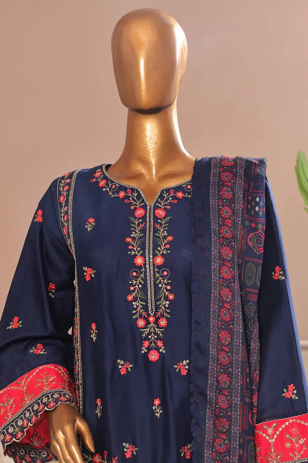 Bin Saeed Stitched 3 Piece Plain Cotton with Emb Trouser Collection'2025-SMPC-1976-Blue