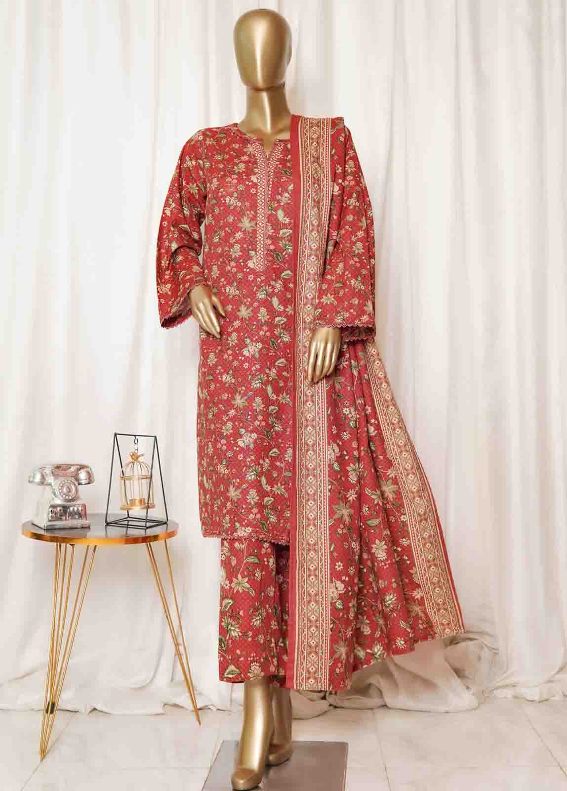 Bin Saeed Stitched 3 Piece Printed Vol-01 Collection'2025-WK-2561-Red