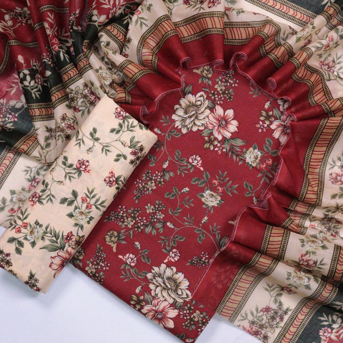 Bin Saeed Printed Lawn Unstitched 3 Piece - AS - 2008 - RED - Summer Collection