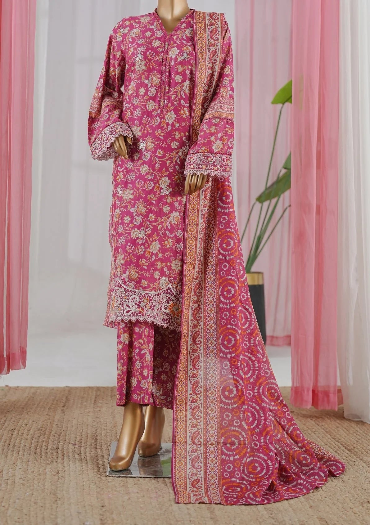 Bin Saeed Stitched 3 Piece Open Front Cutwork Kari Collection'2025-SM-2114-pink